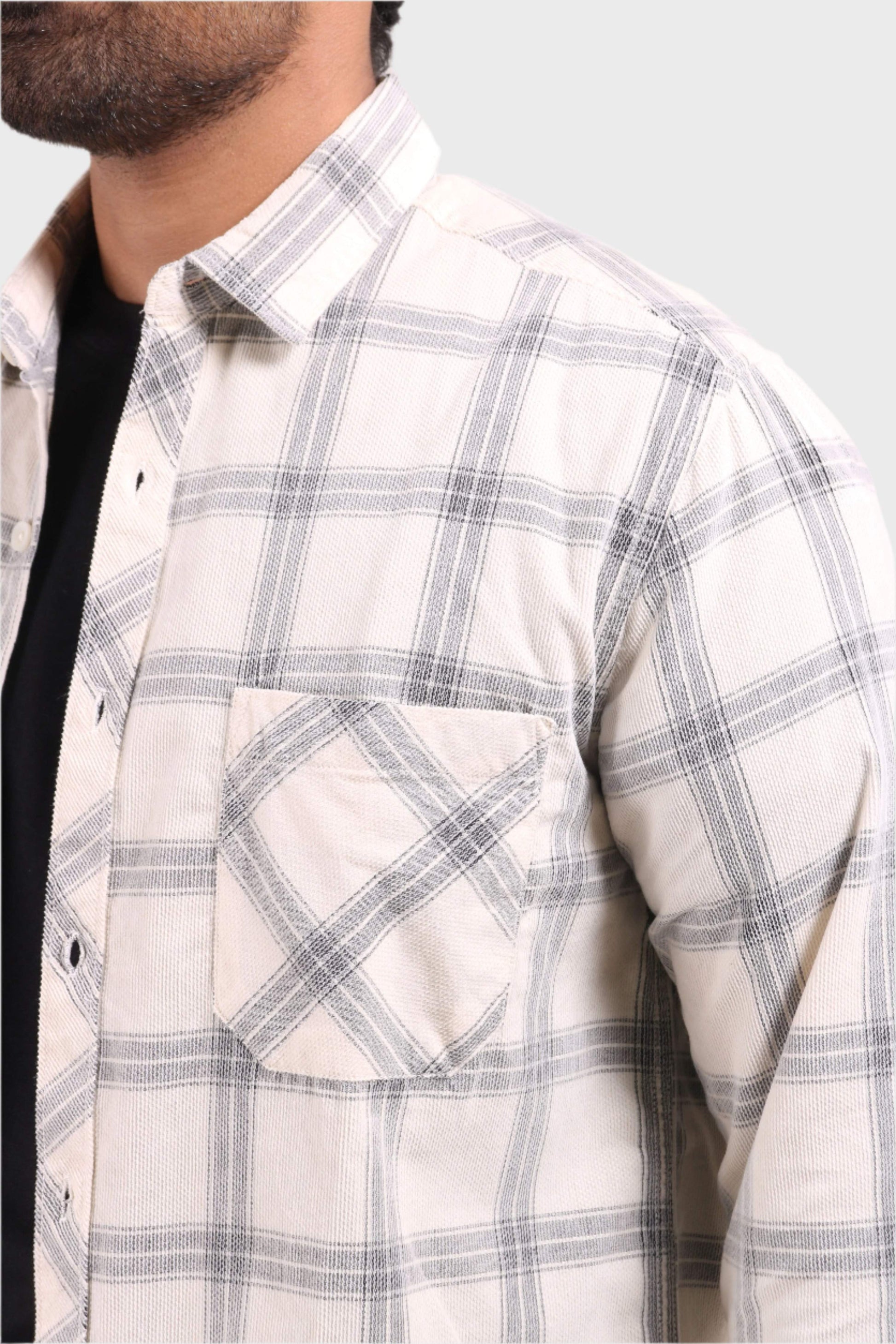 Jonesburg Off White Checks Fine Corduroy Regular Fit Shirt 