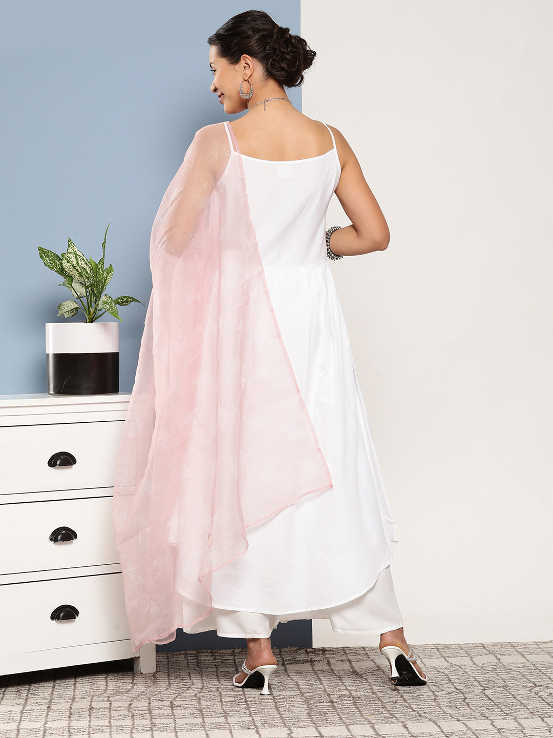 InWeave Women's Cream Strappy With Pink White Chintz Organza Dupatta 