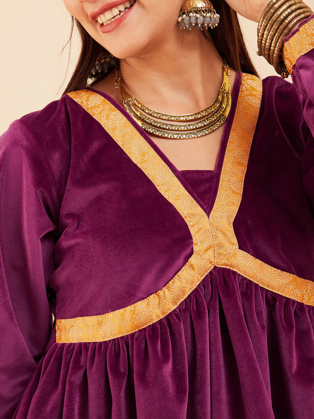 InWeave Women's Wine Mughal Shaan Style Velvet Short Kurta Set 