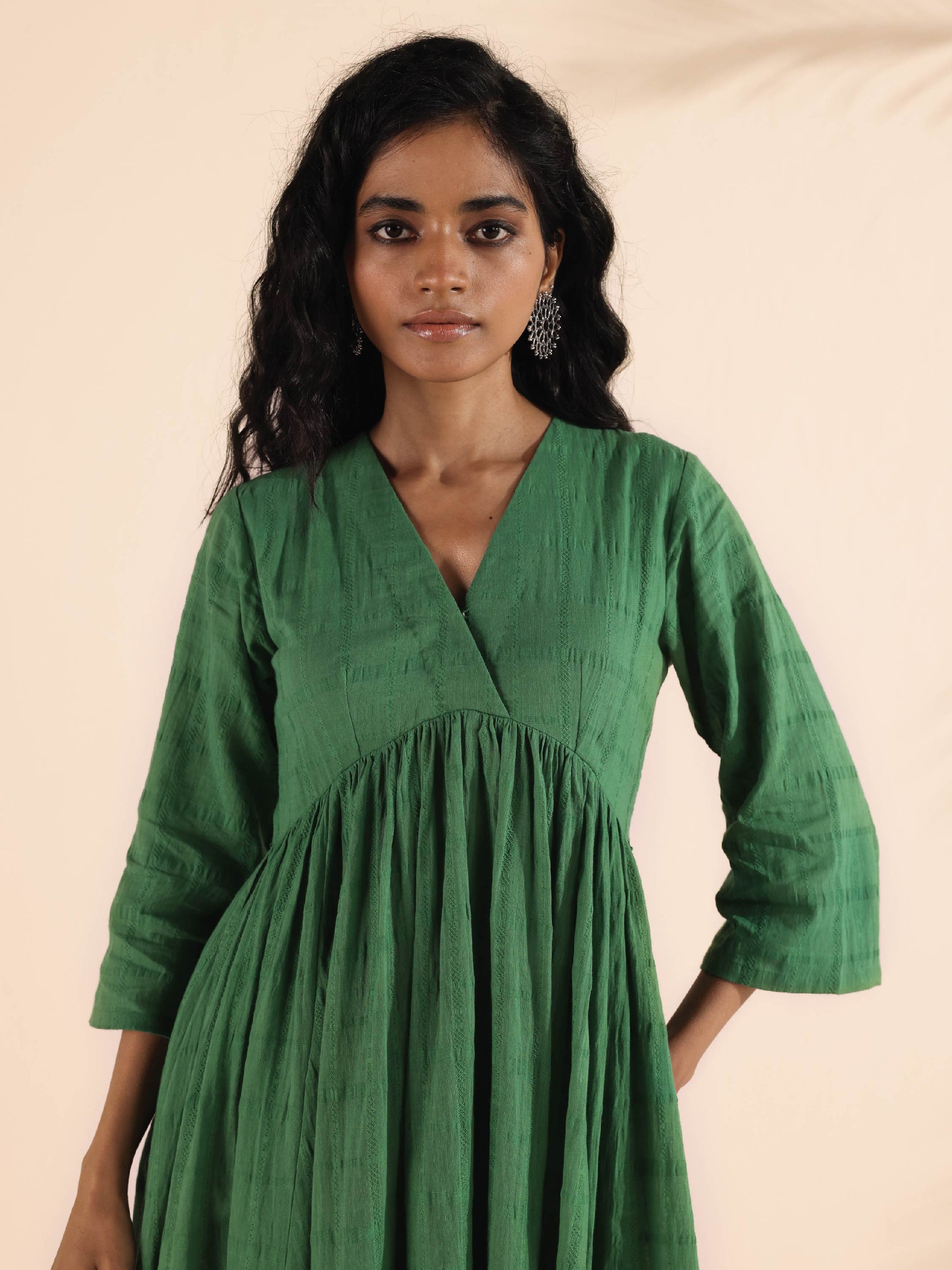 trueBrowns Green Cotton Dobby Flared Kurta Pant Set 