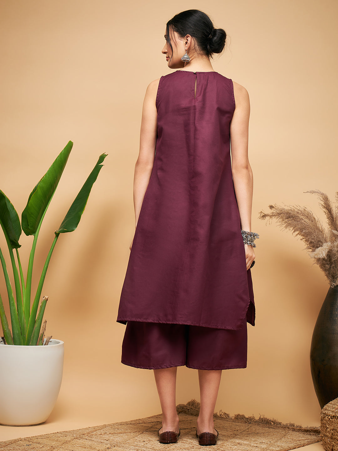 InWeave Women's Wine Solid Short Kurta Palazzo Set 