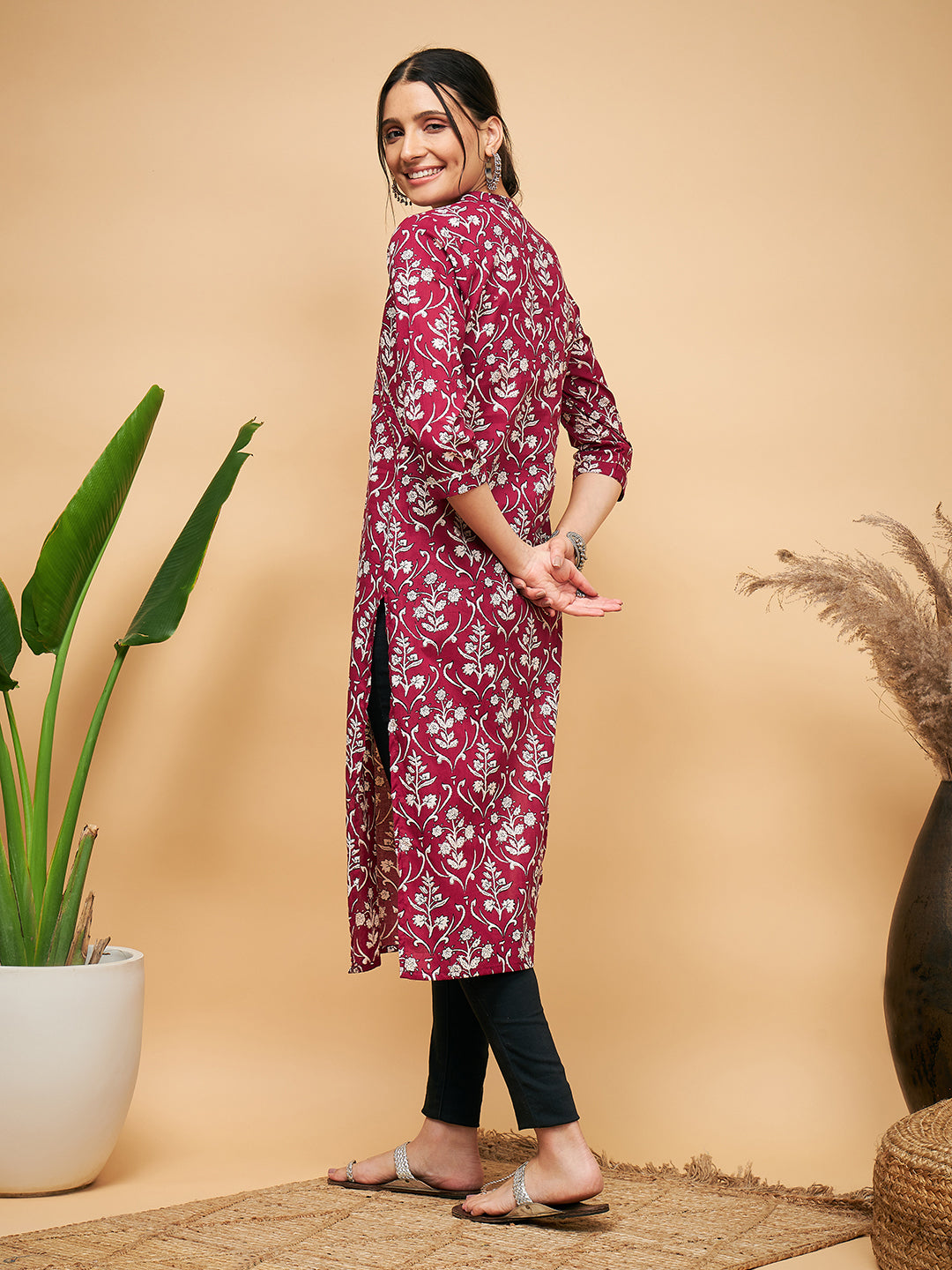 InWeave Women's Wine Floral Print Straight Angrakha Gota Kurta 