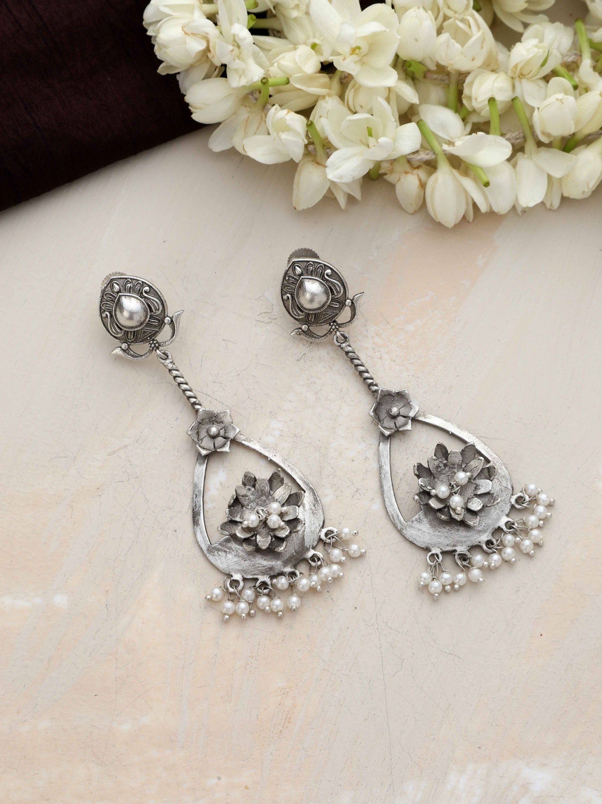trueBrowns Silver Tone Floral Chandbaali Earrings Truebrowns Lifestyle