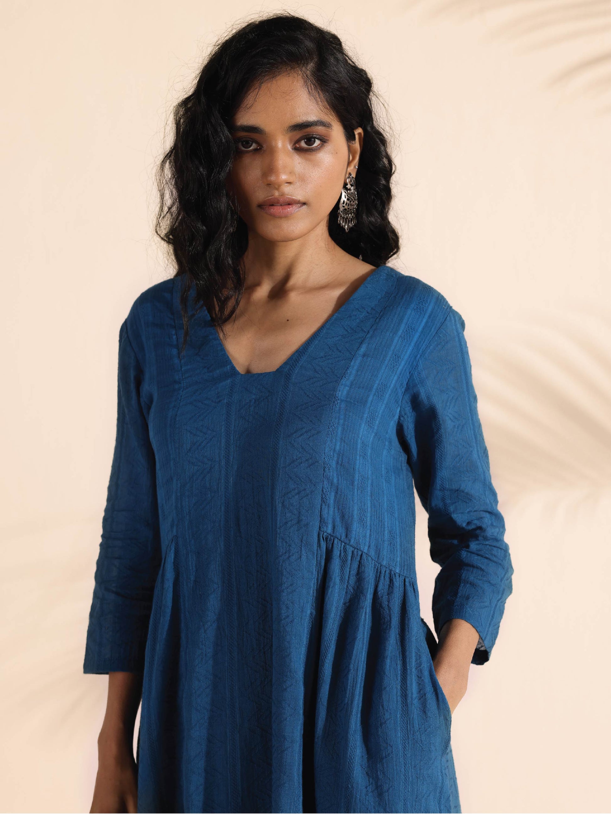 trueBrowns Blue Cotton Dobby Flared Kurta Pant Set 