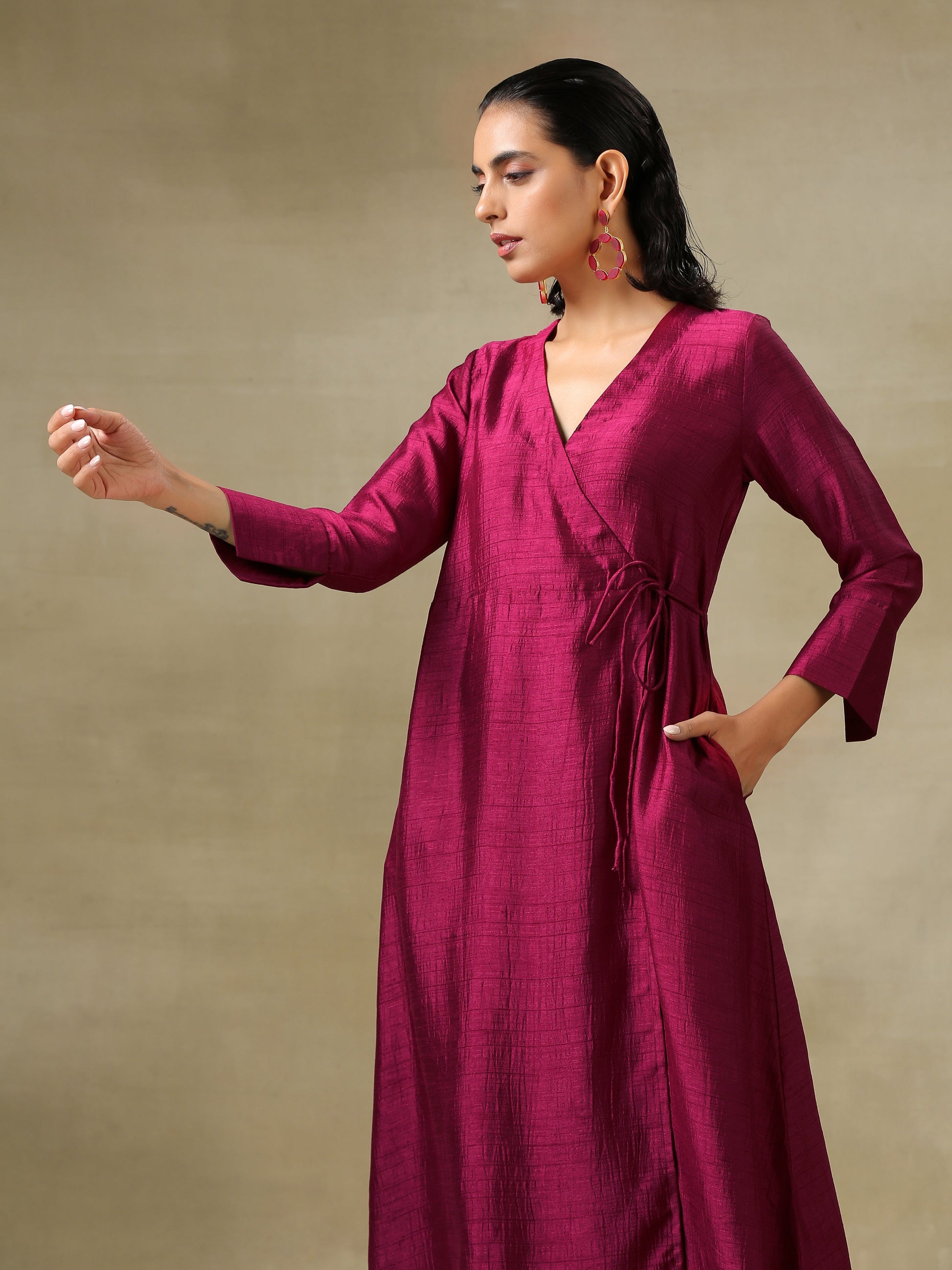 trueBrowns Purple Textured Silk Angrakha Kurta Pant Set 