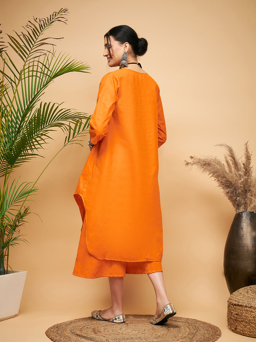 InWeave Women's Orange Flared Kurta Palazzo Set 
