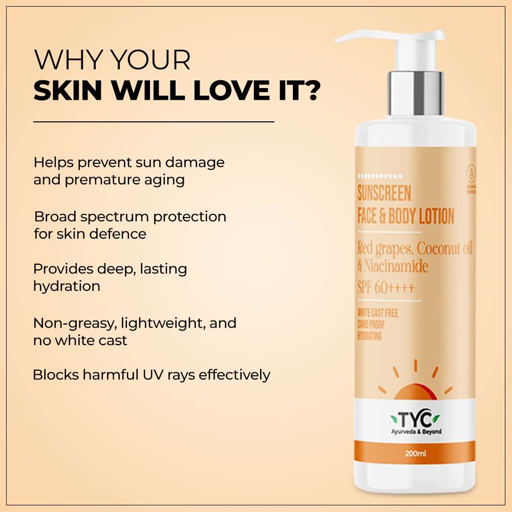 TYC Sunscreen Face & Body Lotion - Red Grapes, Coconut Oil & Niacinamide | SPF 60++++  Grab2Buy TYC Grab2Buy