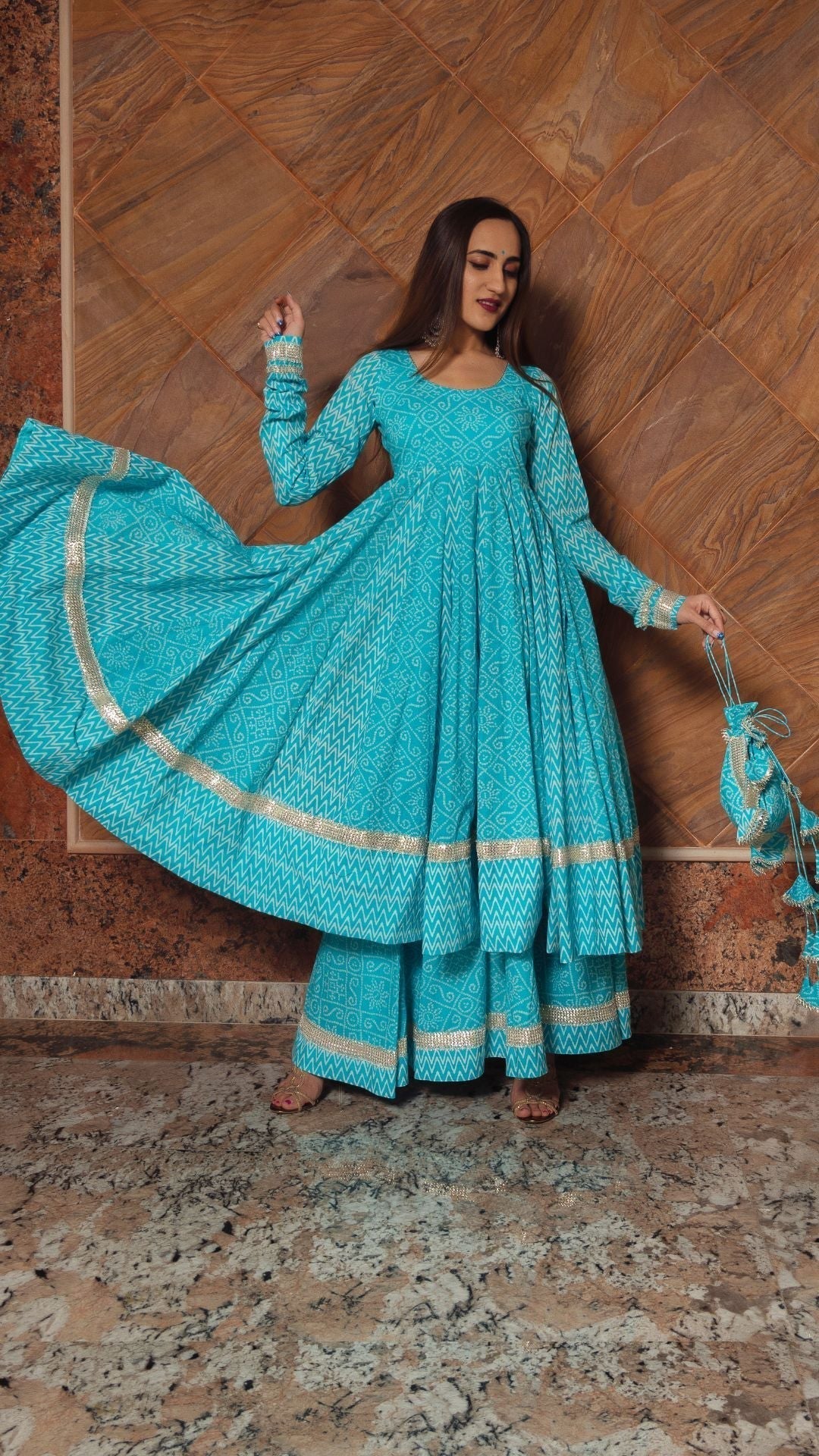 Pomcha Jaipur Neelkari Blue Cotton Anarkali Set 