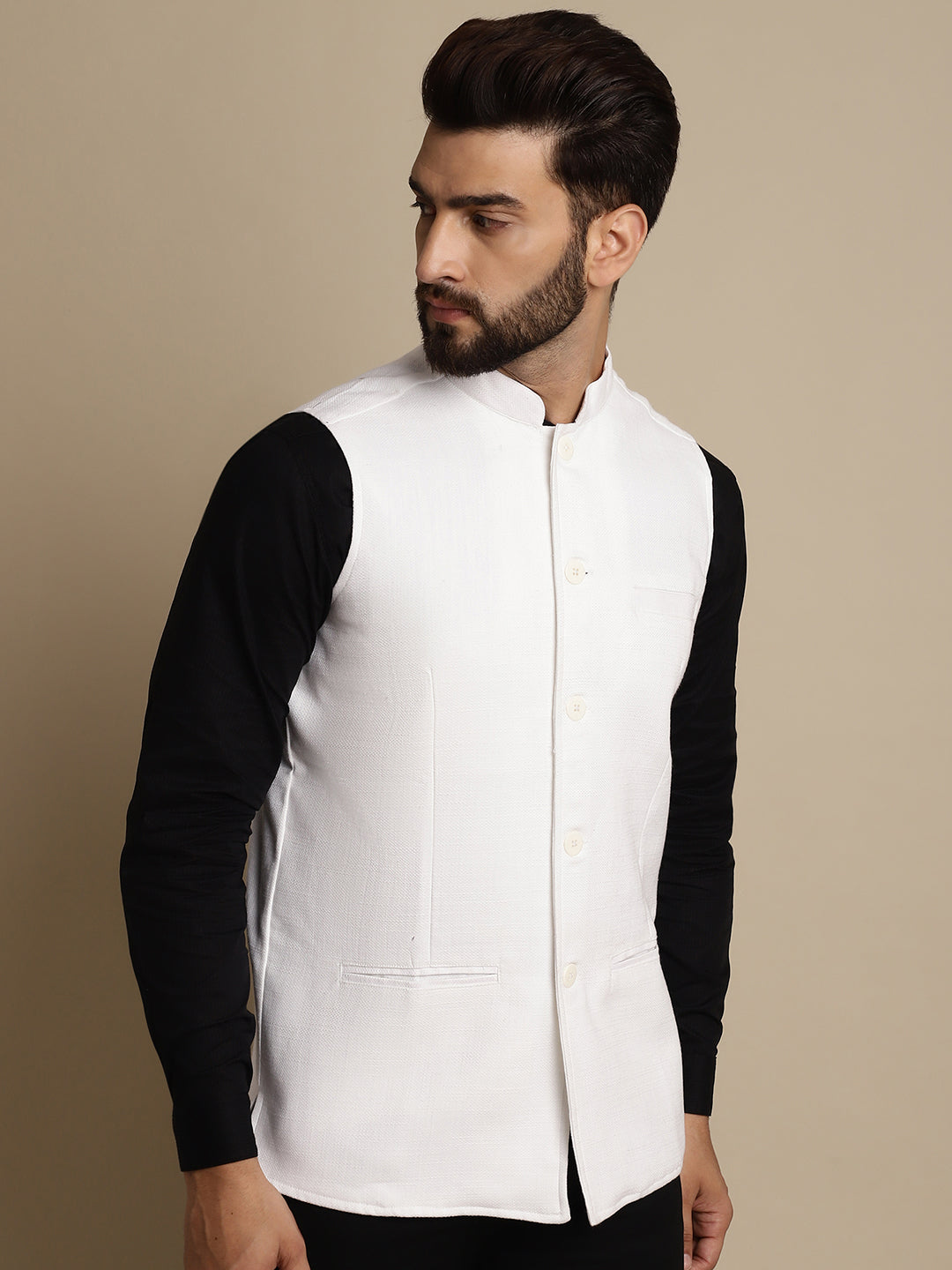 Even Apparels Men's White Mandarin Collar Waistcoat 