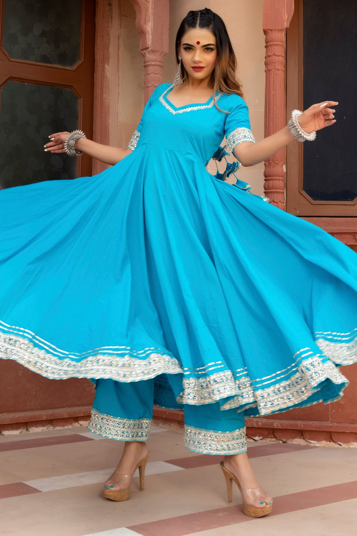 Pomcha Jaipur Kalamkari Blue Pure Cotton Anarkali Set 