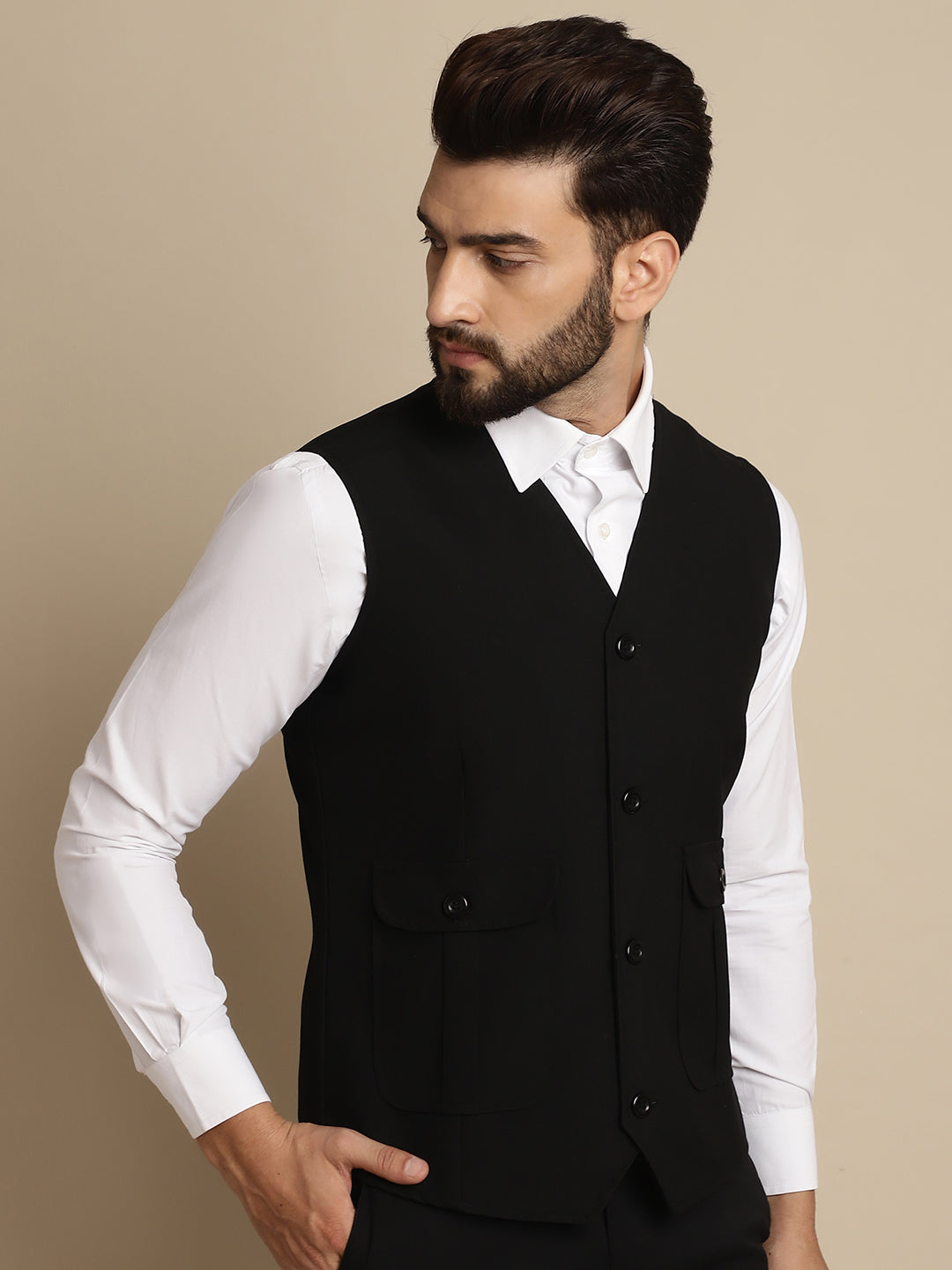 Even Apparels Men's Black Waistcoat With Patch Pocket 