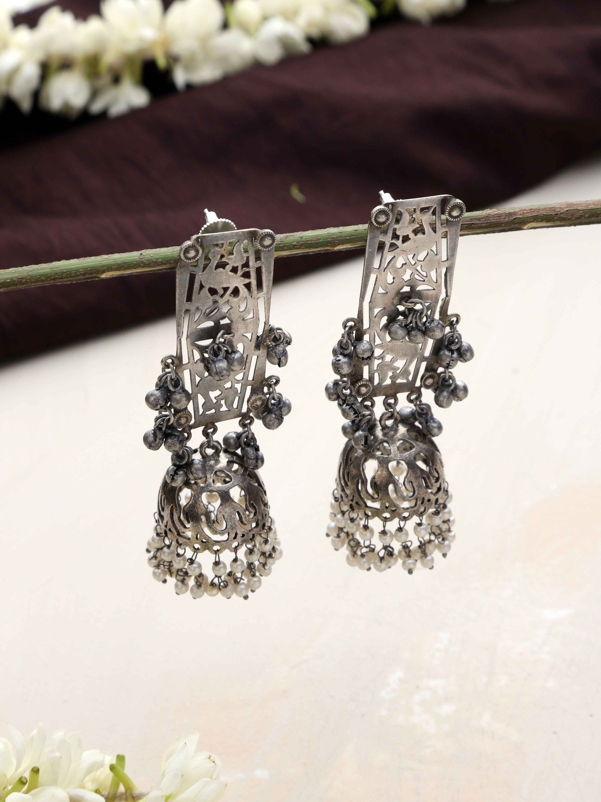 trueBrowns Silver Tone Floral Jhumka Earrings Truebrowns Lifestyle