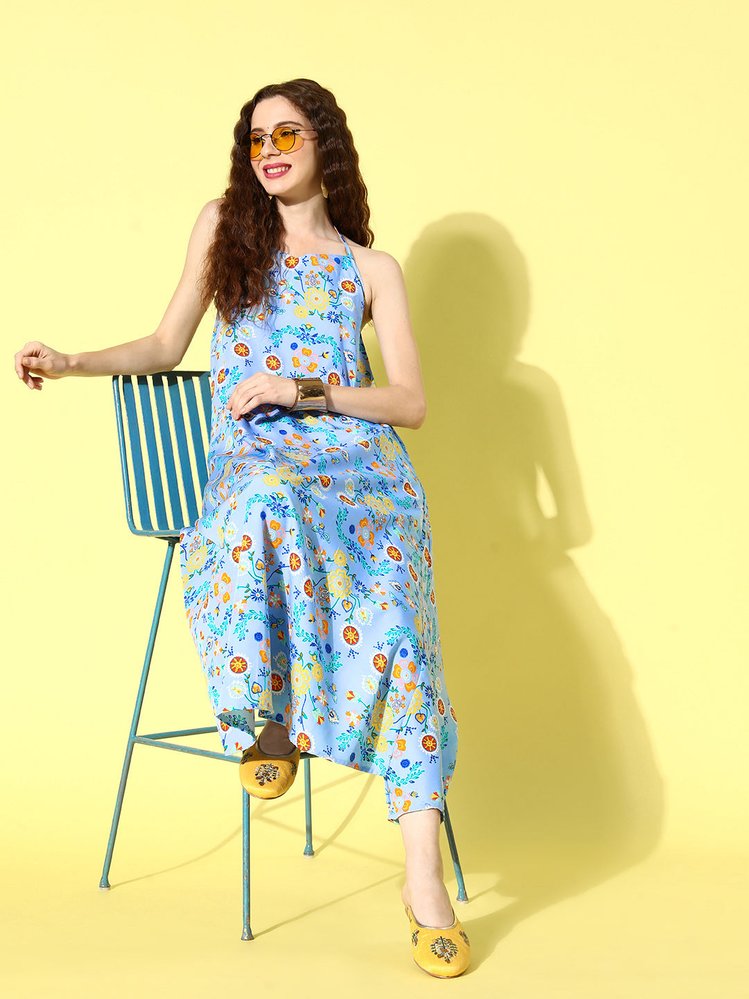 InWeave Women's Sky Blue Print Backless Long Kurta Pant Set 