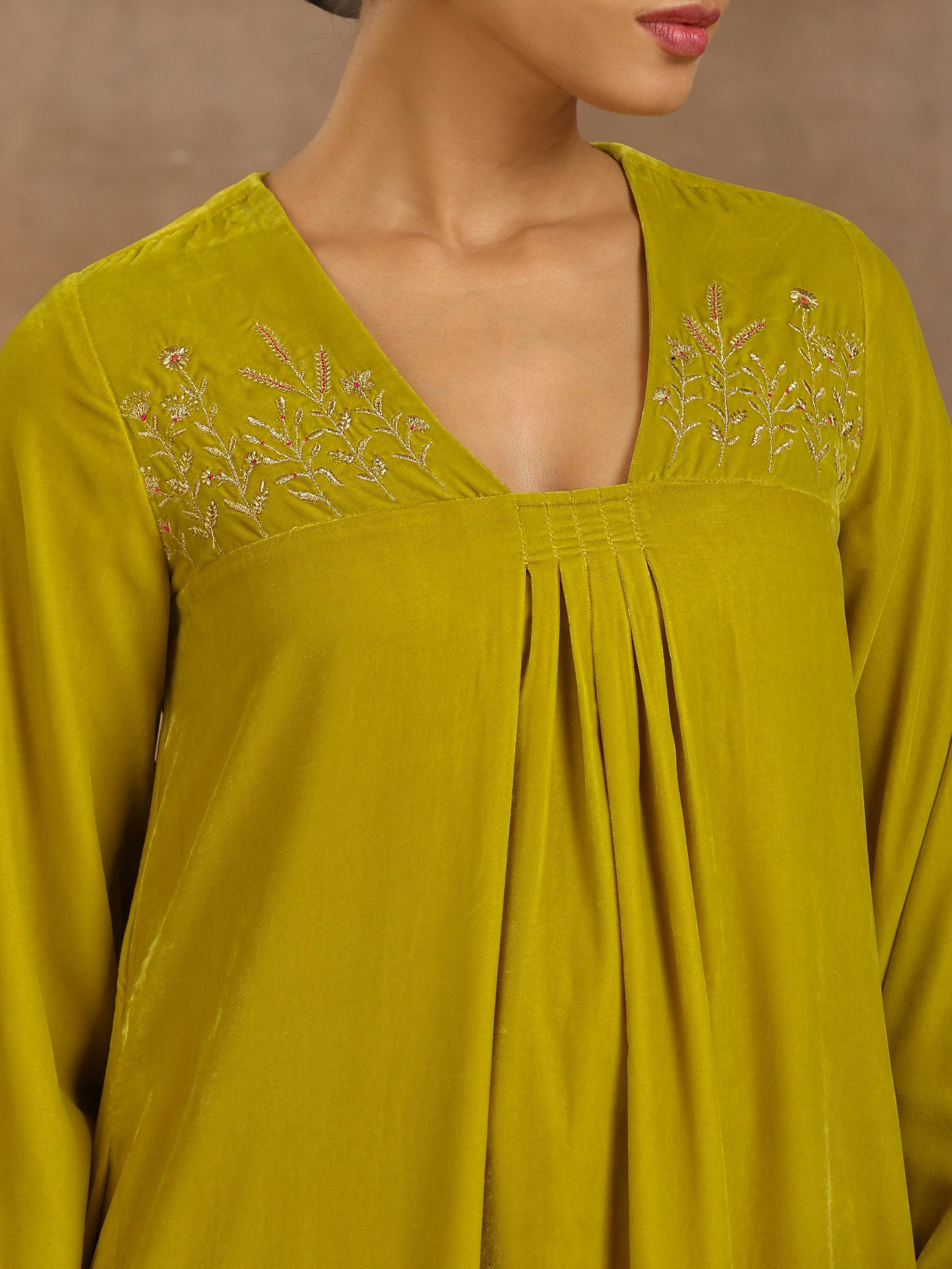 trueBrowns Lime Velvet Yoke Embroidered Kurta 