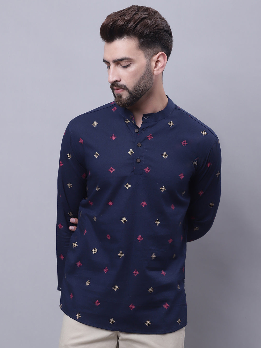 Even Apparels Blue Pure Cotton Short Kurta With Band Collar 