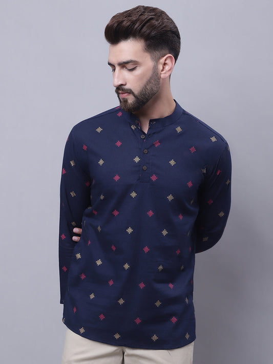 Even Apparels Blue Pure Cotton Short Kurta With Band Collar 