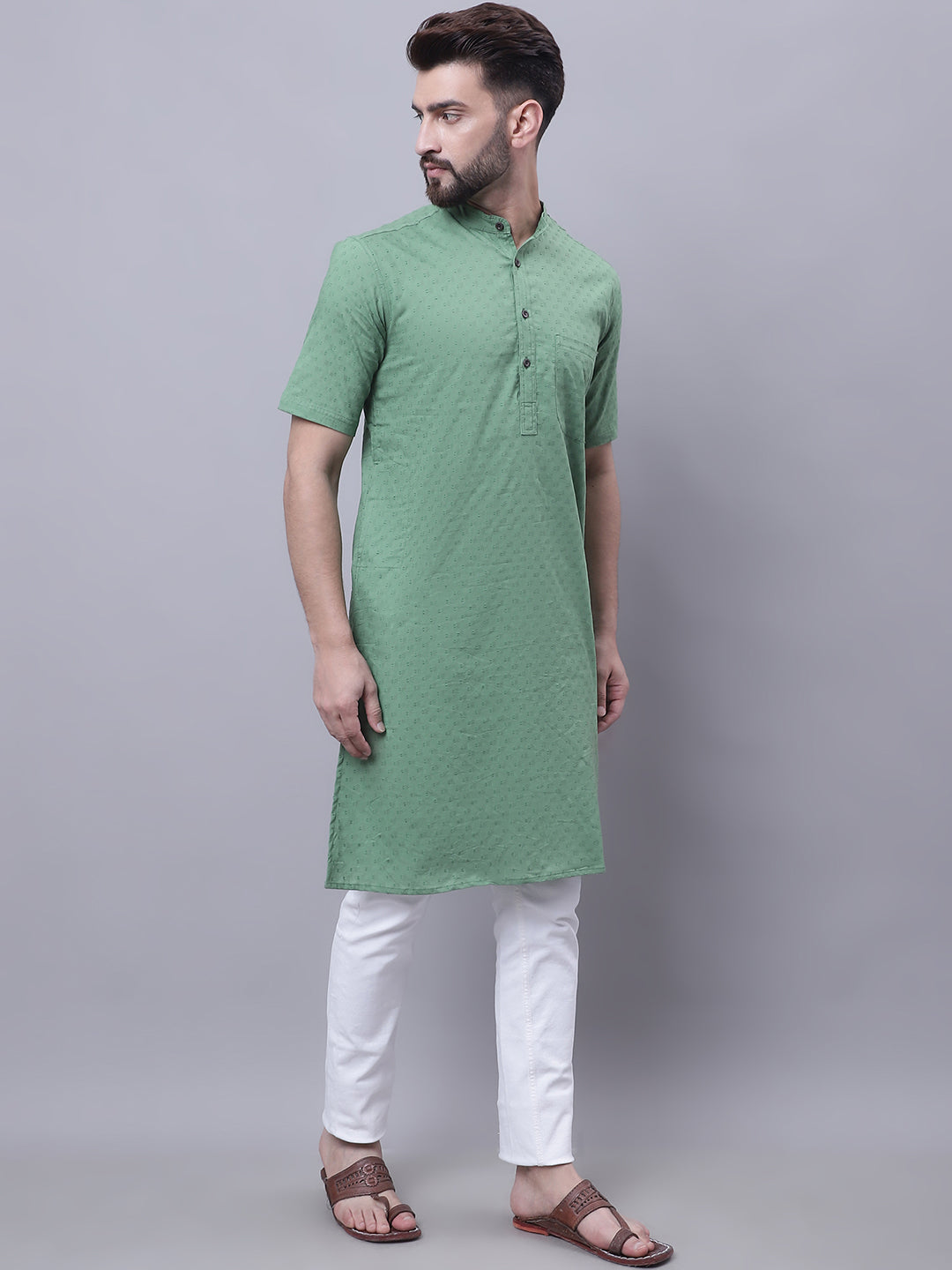 Even Apparels Green Pure Cotton Short Sleeves Kurta With Band Collar 
