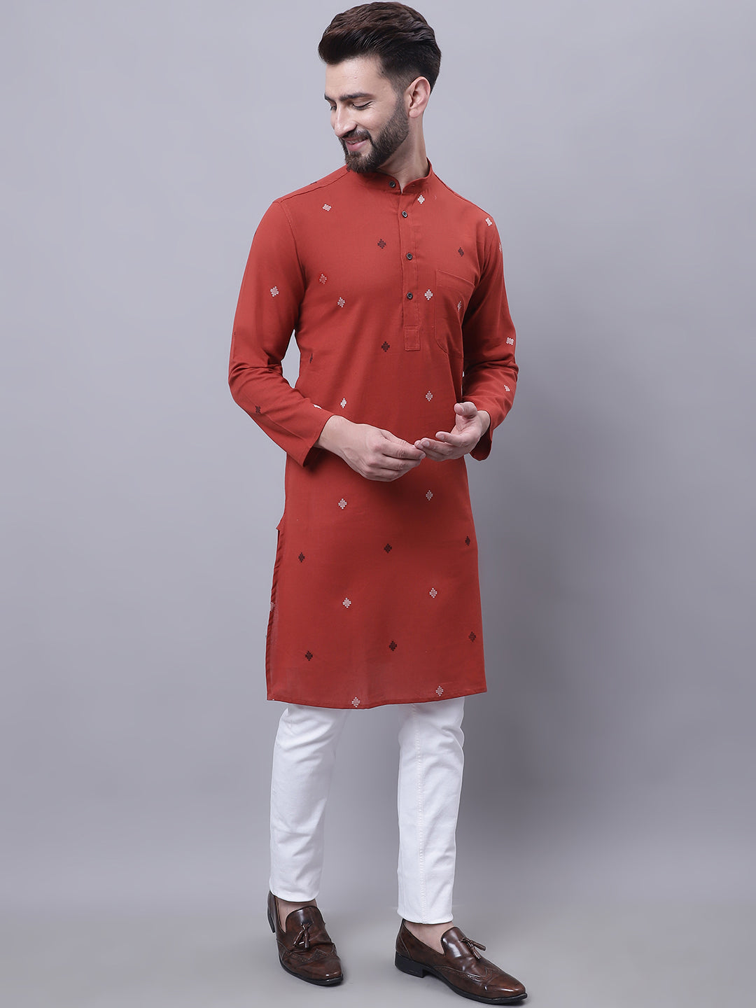 Even Apparels Rust Pure Cotton Kurta With Band Collar 
