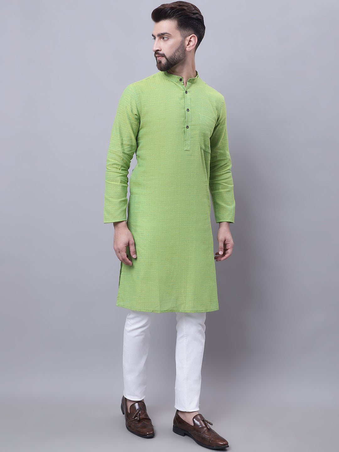 Even Apparels Green Pure Cotton Kurta With Band Collar 