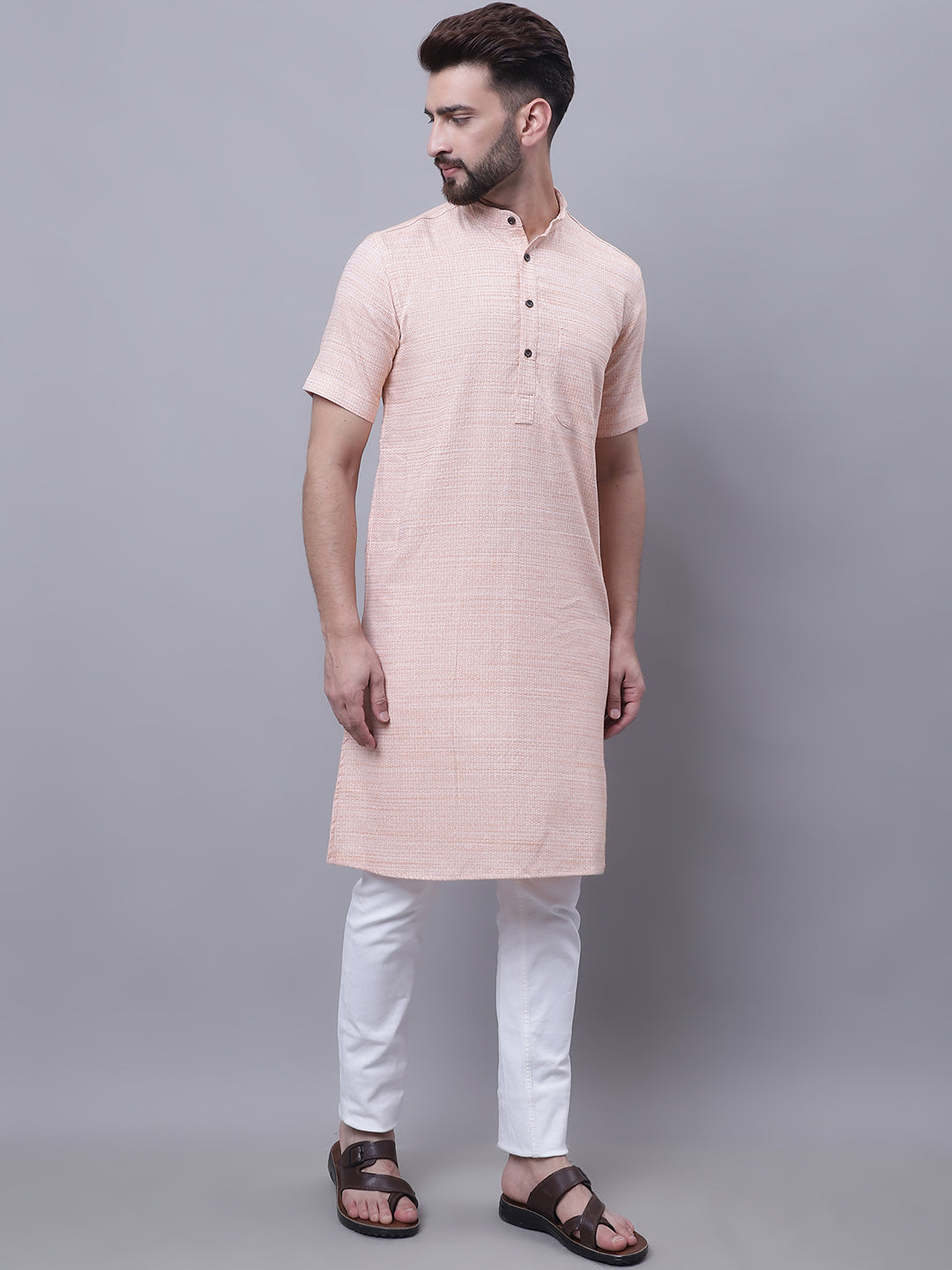 Even Apparels Peach Pure Cotton Short Sleeves Kurta With Band Collar 