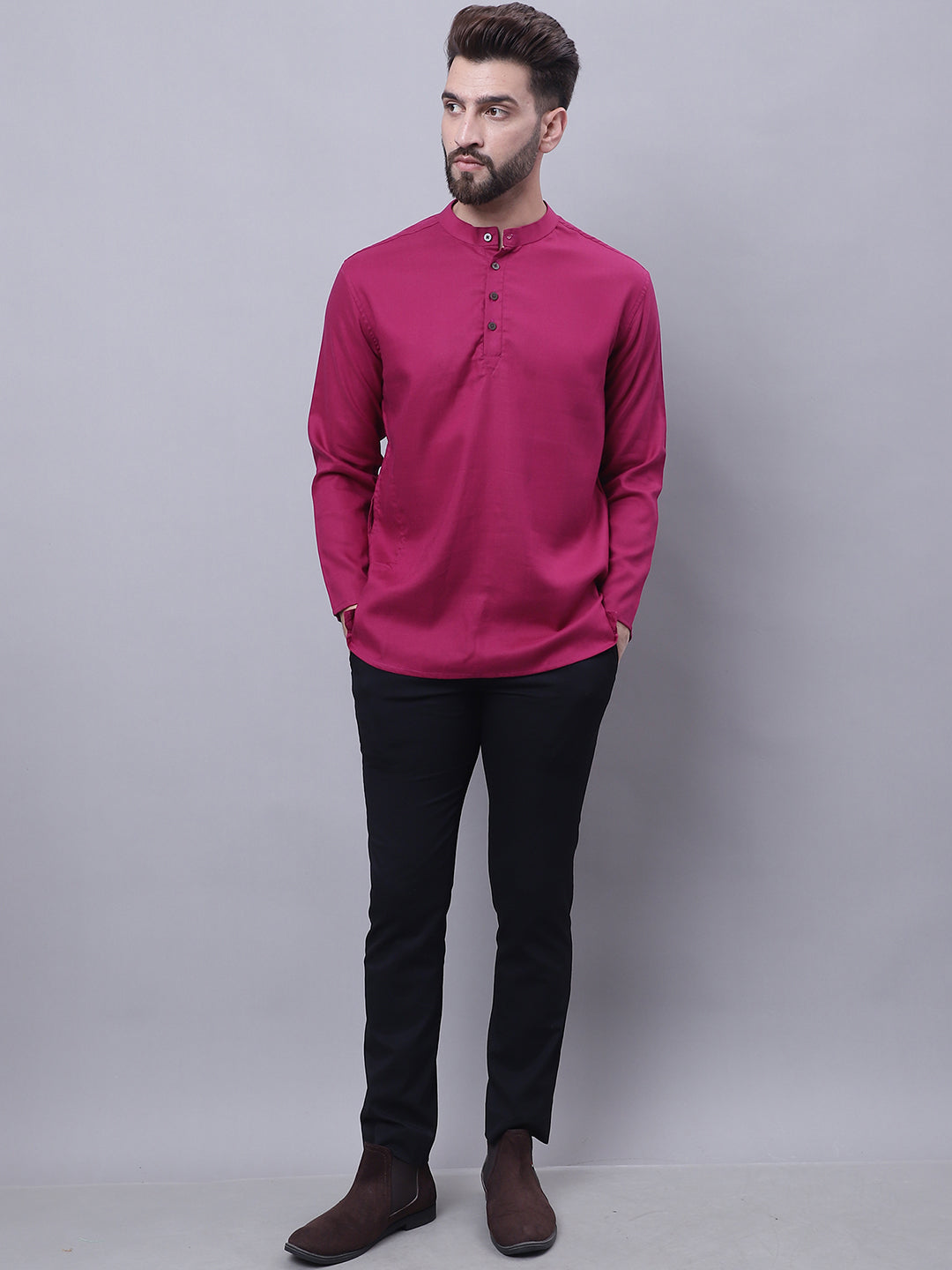 Even Apparels Wine Pure Cotton Short Kurta With Band Collar 