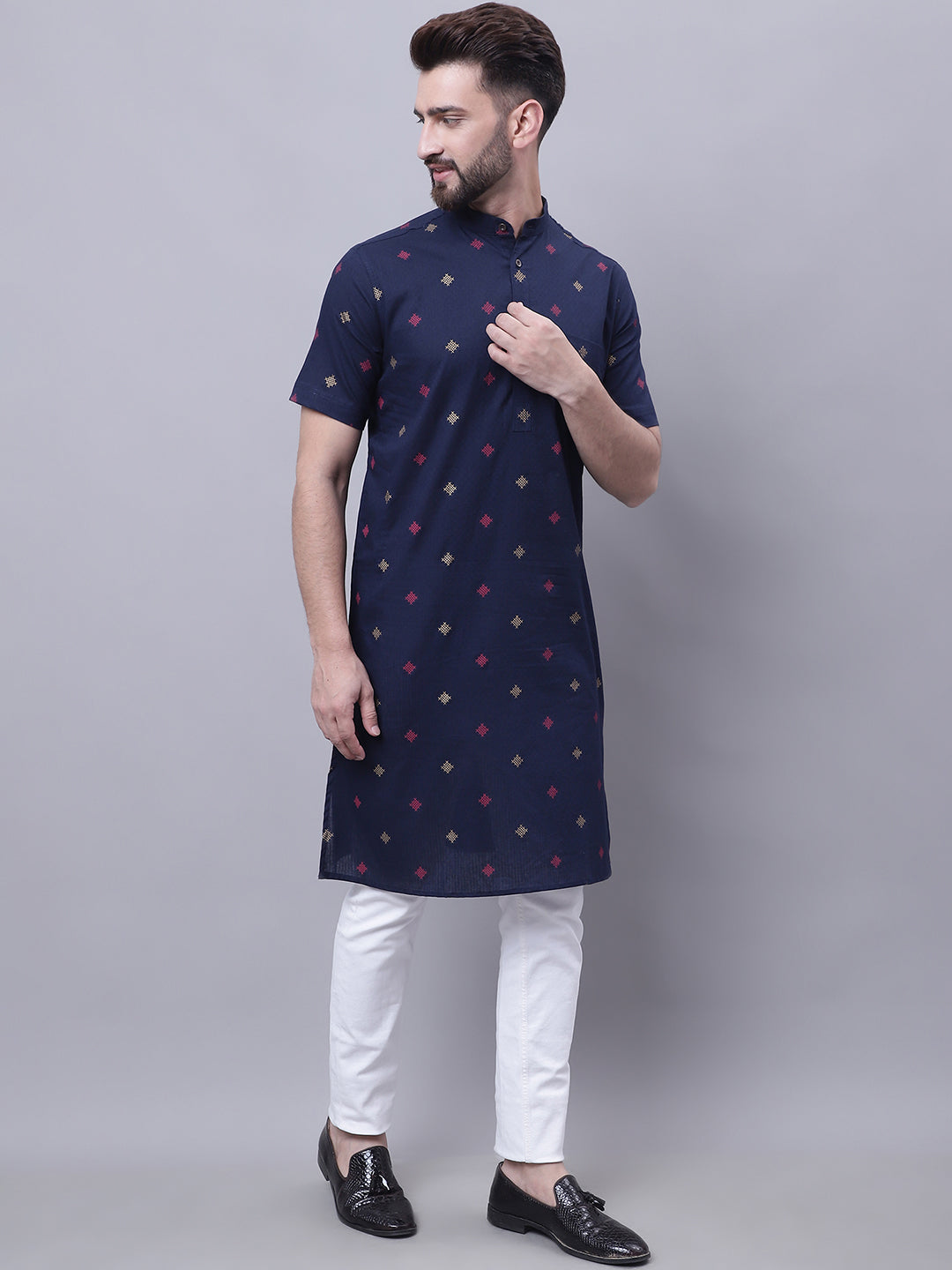 Even Apparels Blue Pure Cotton Short Sleeves Kurta With Band Collar 