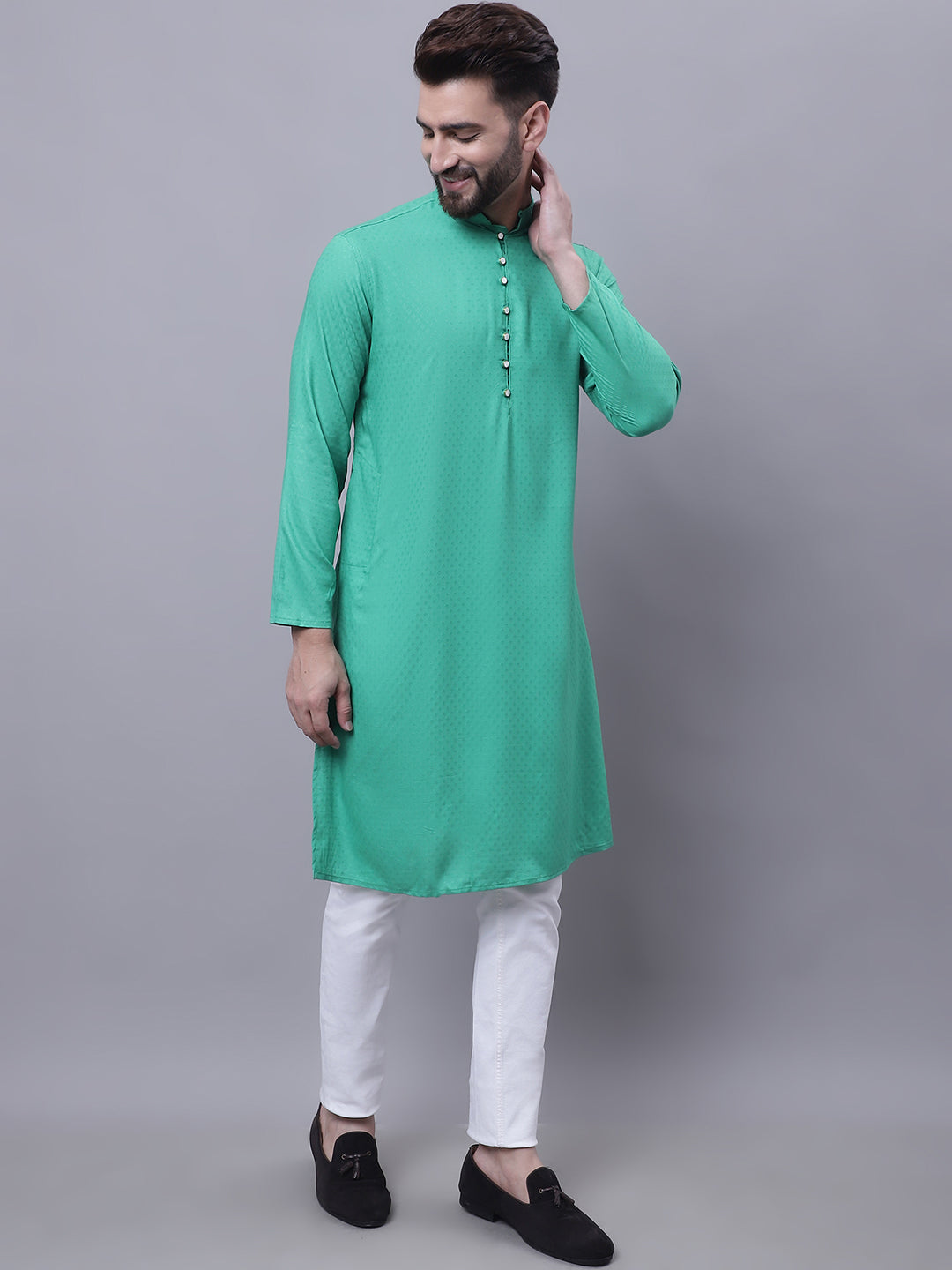 Even Apparels Green Kurta With Band Collar 