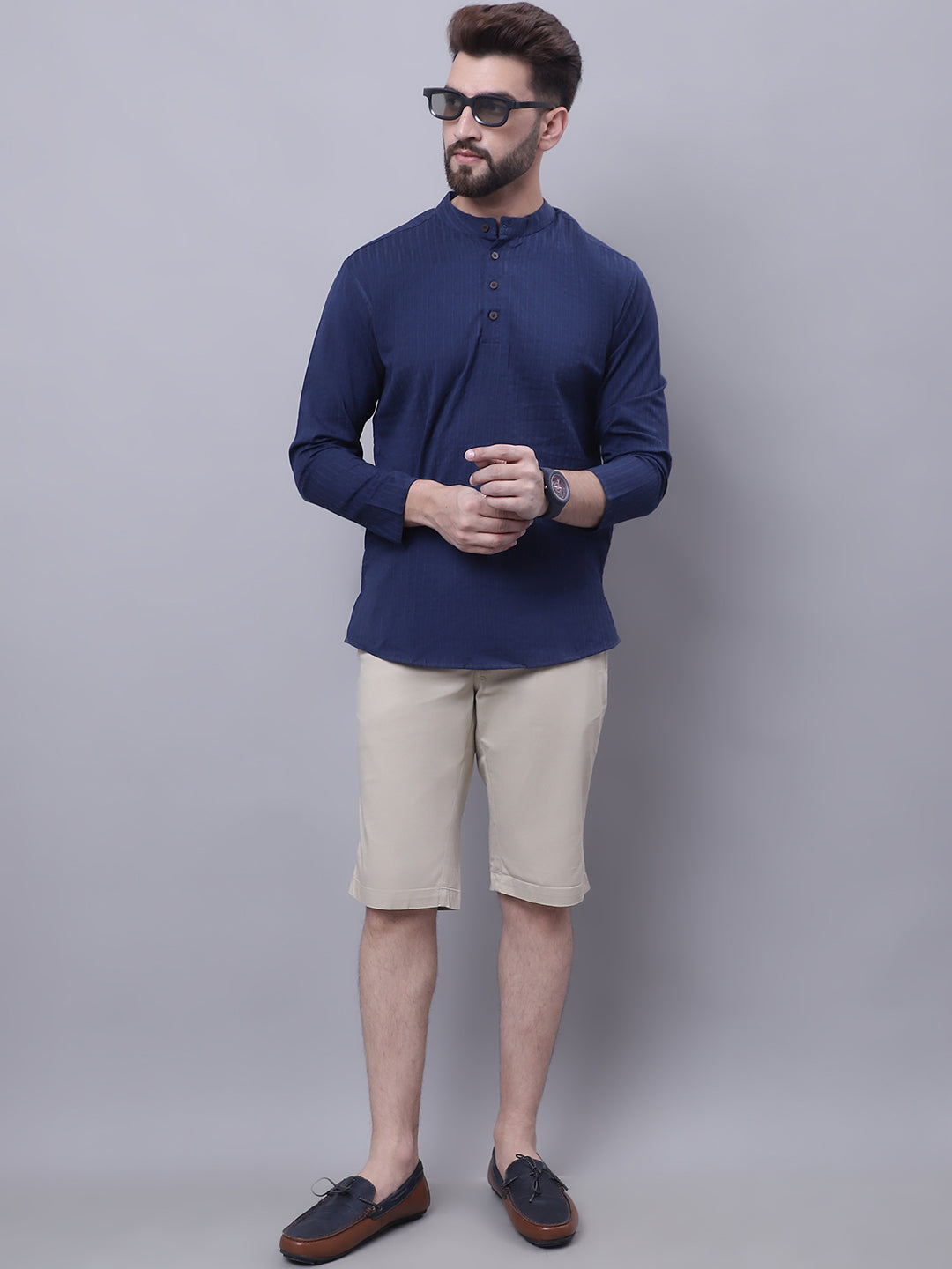 Even Apparels Blue Pure Cotton Short Kurta With Band Collar 