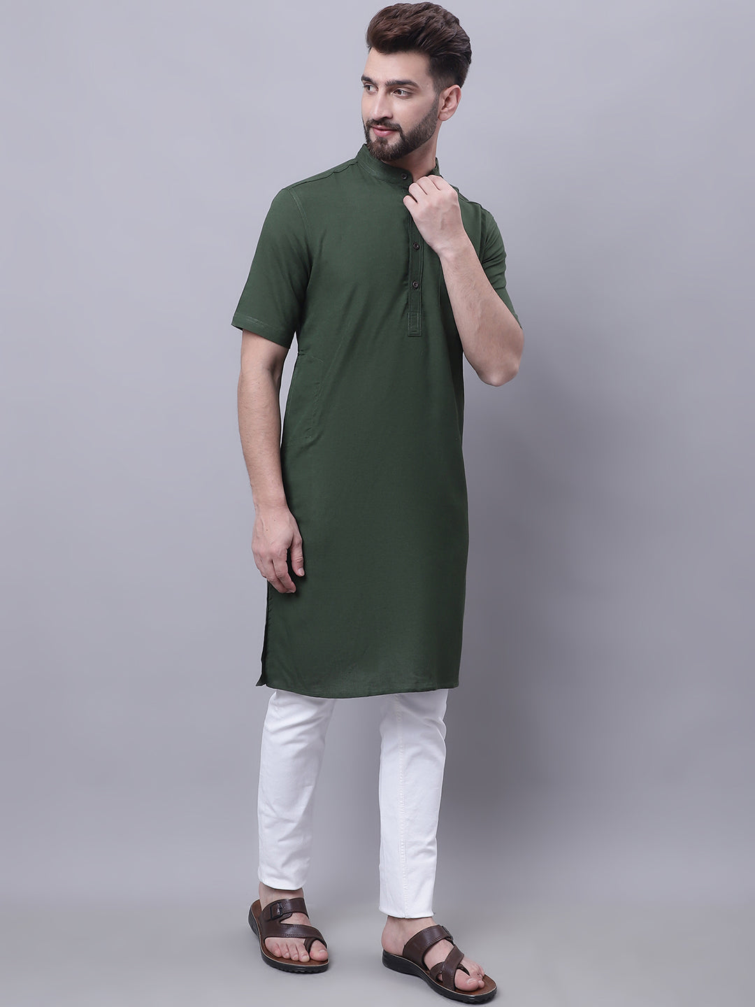 Even Apparels Green Pure Cotton Short Sleeves Kurta With Band Collar 