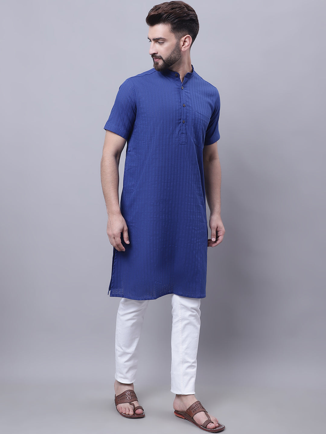 Even Apparels Blue Pure Cotton Short Sleeves Kurta With Band Collar 