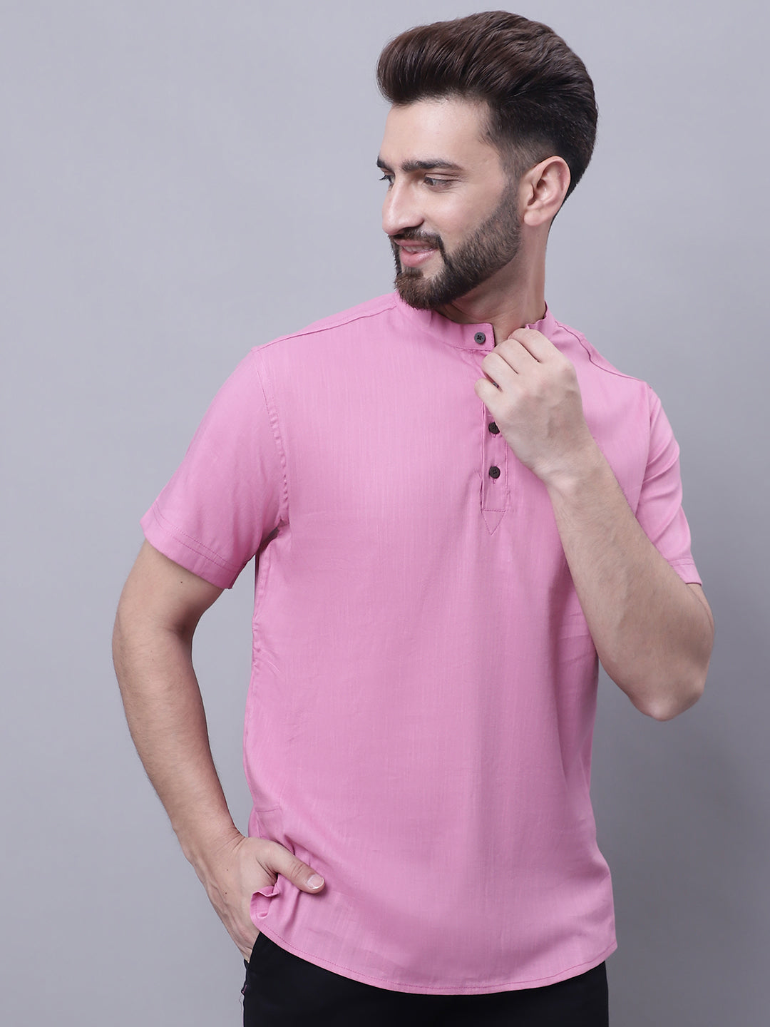 Even Apparels Pink Pure Cotton Short Kurta With Band Collar 
