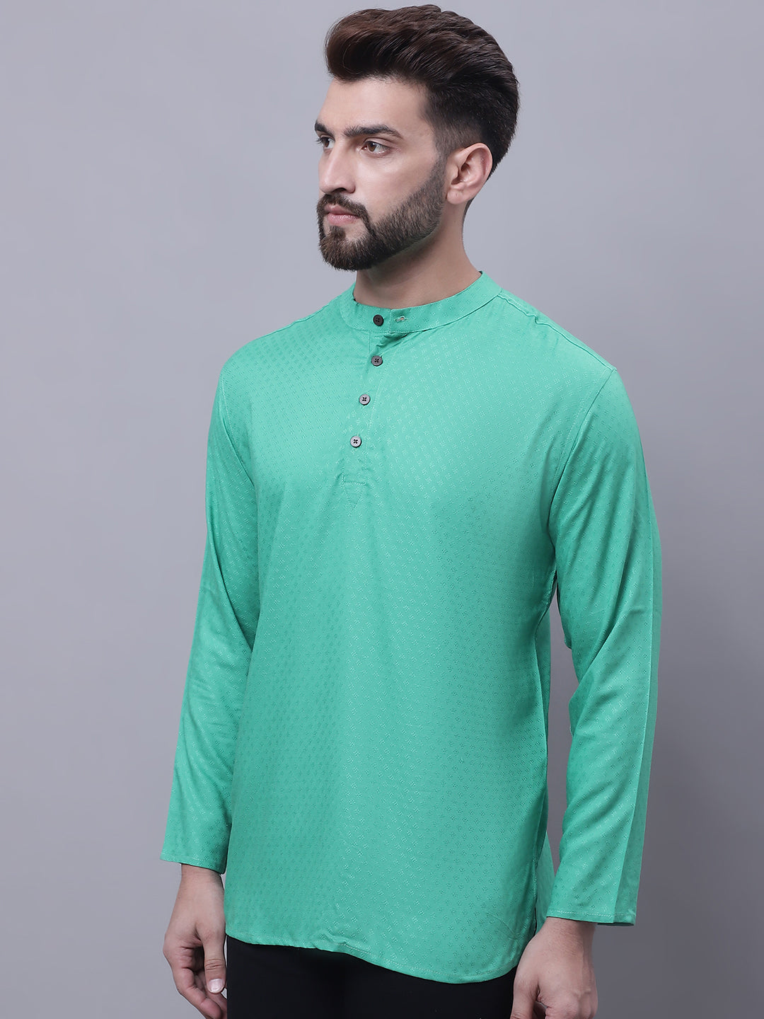 Even Apparels Green Pure Cotton Short Kurta With Band Collar 