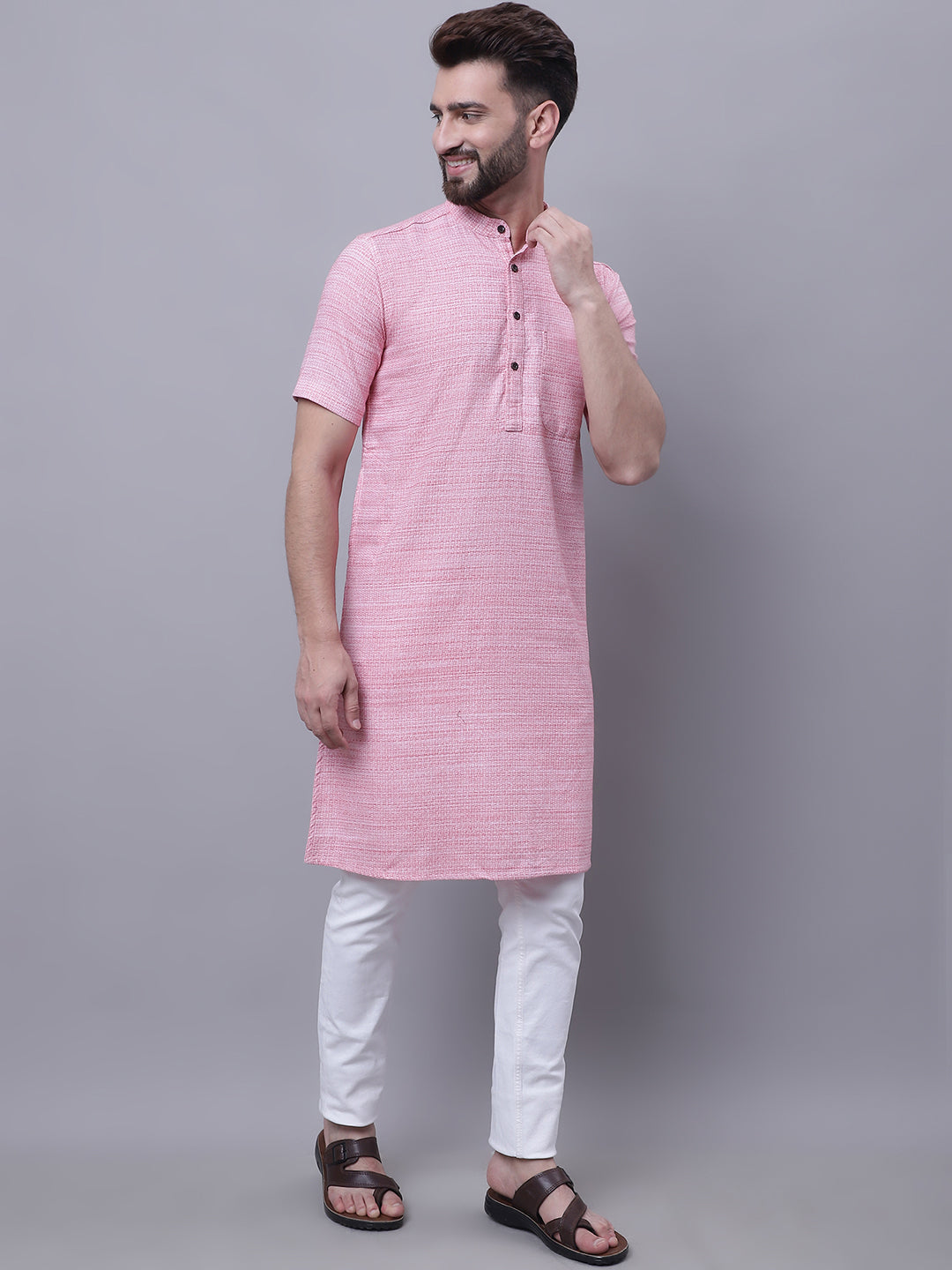 Even Apparels Pink Pure Cotton Short Sleeves Kurta With Band Collar 
