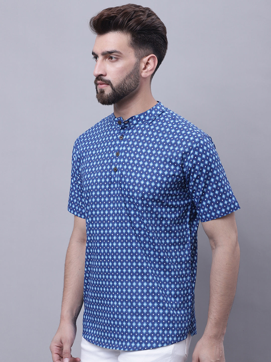 Even Apparels Blue Pure Cotton Short Kurta With Band Collar 