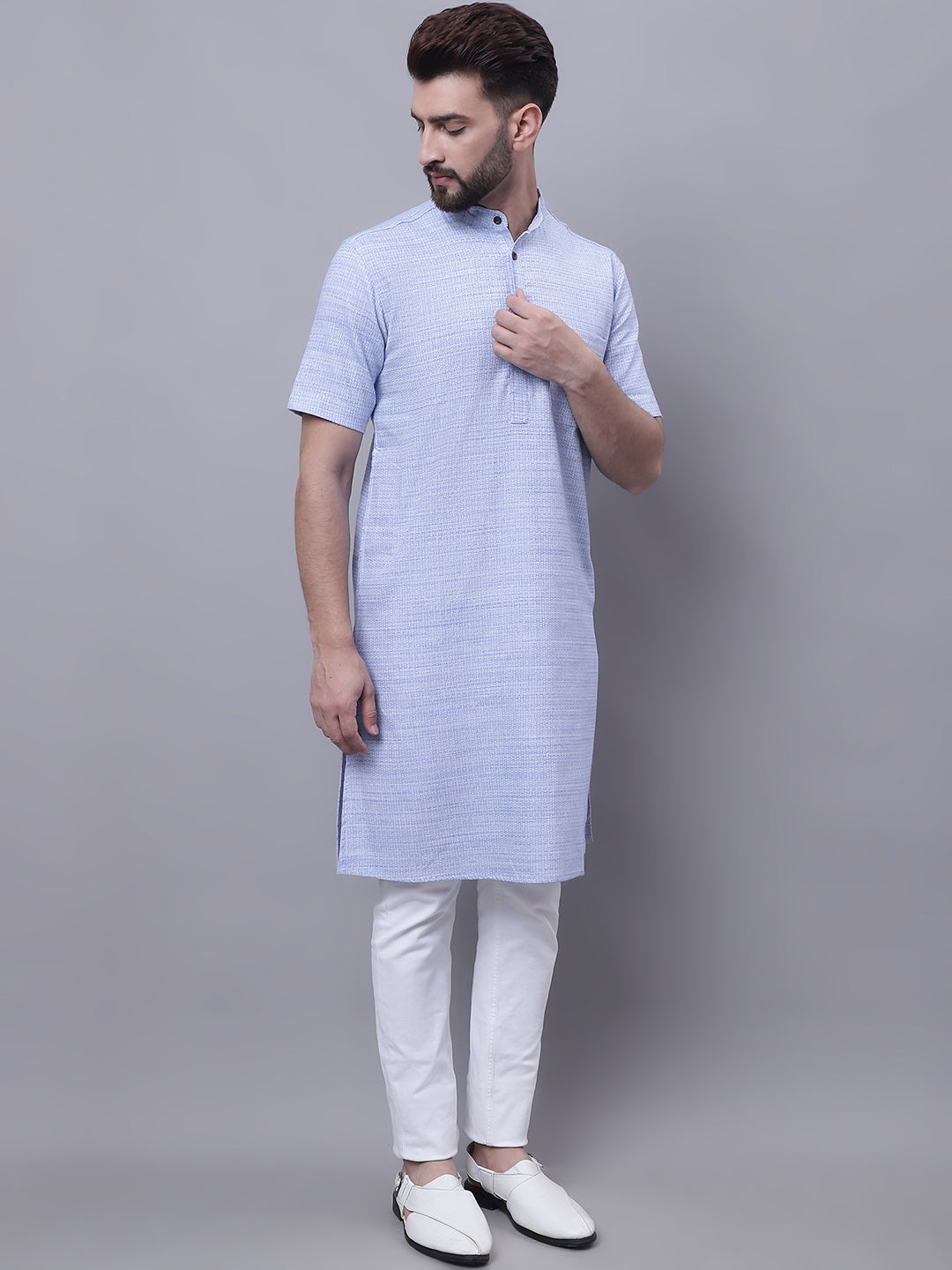 Even Apparels Blue Pure Cotton Short Sleeves Kurta With Band Collar 