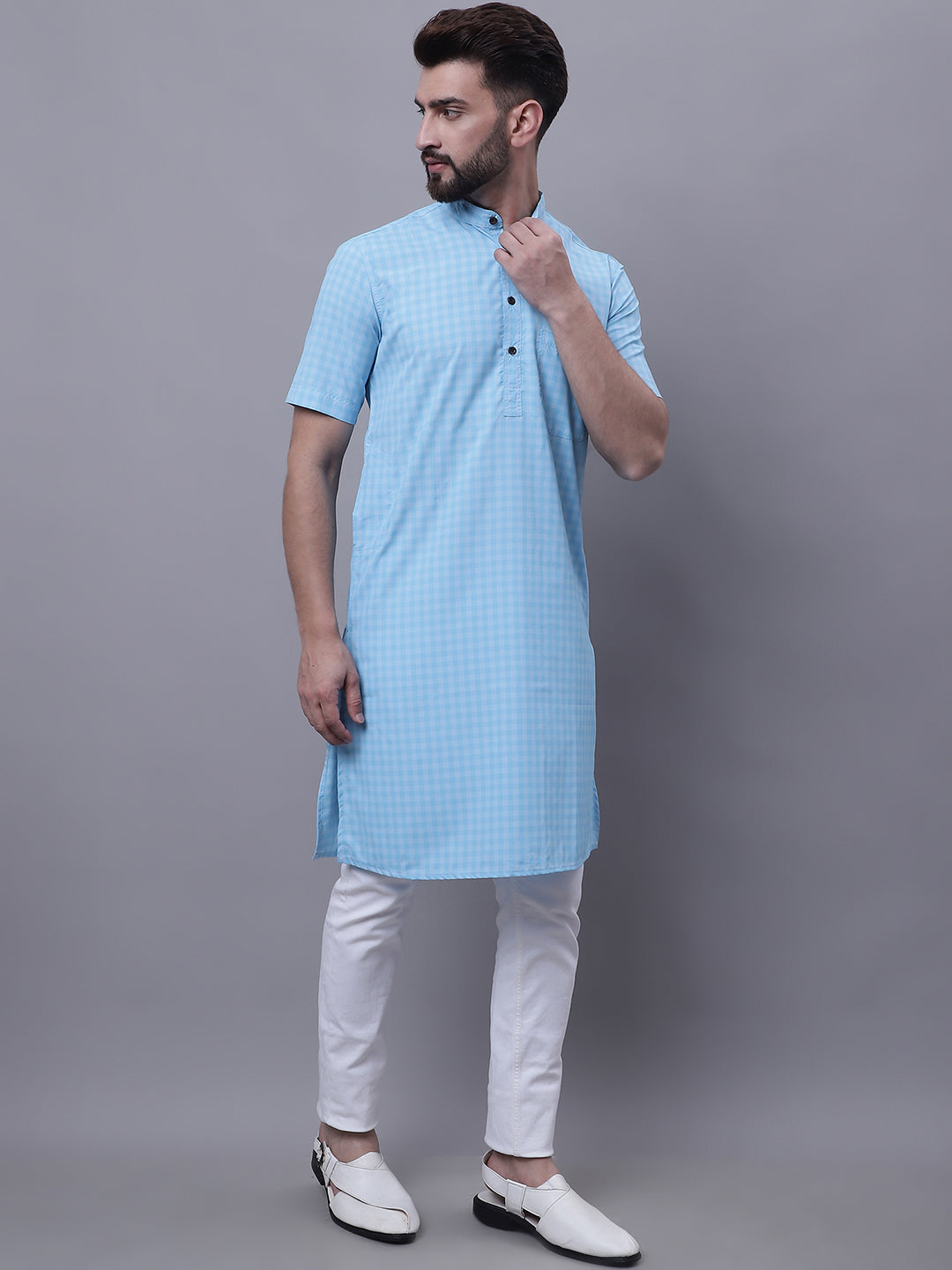 Even Apparels Blue Pure Cotton Short Sleeves Kurta With Band Collar 