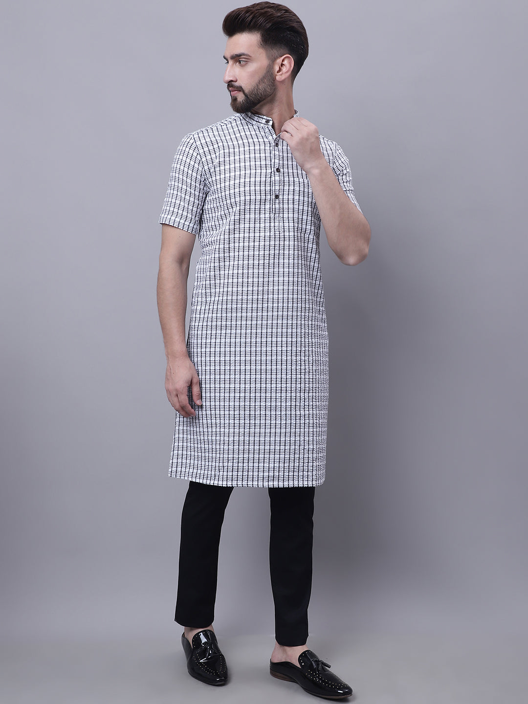 Even Apparels Multi Pure Cotton Short Sleeves Kurta With Band Collar 