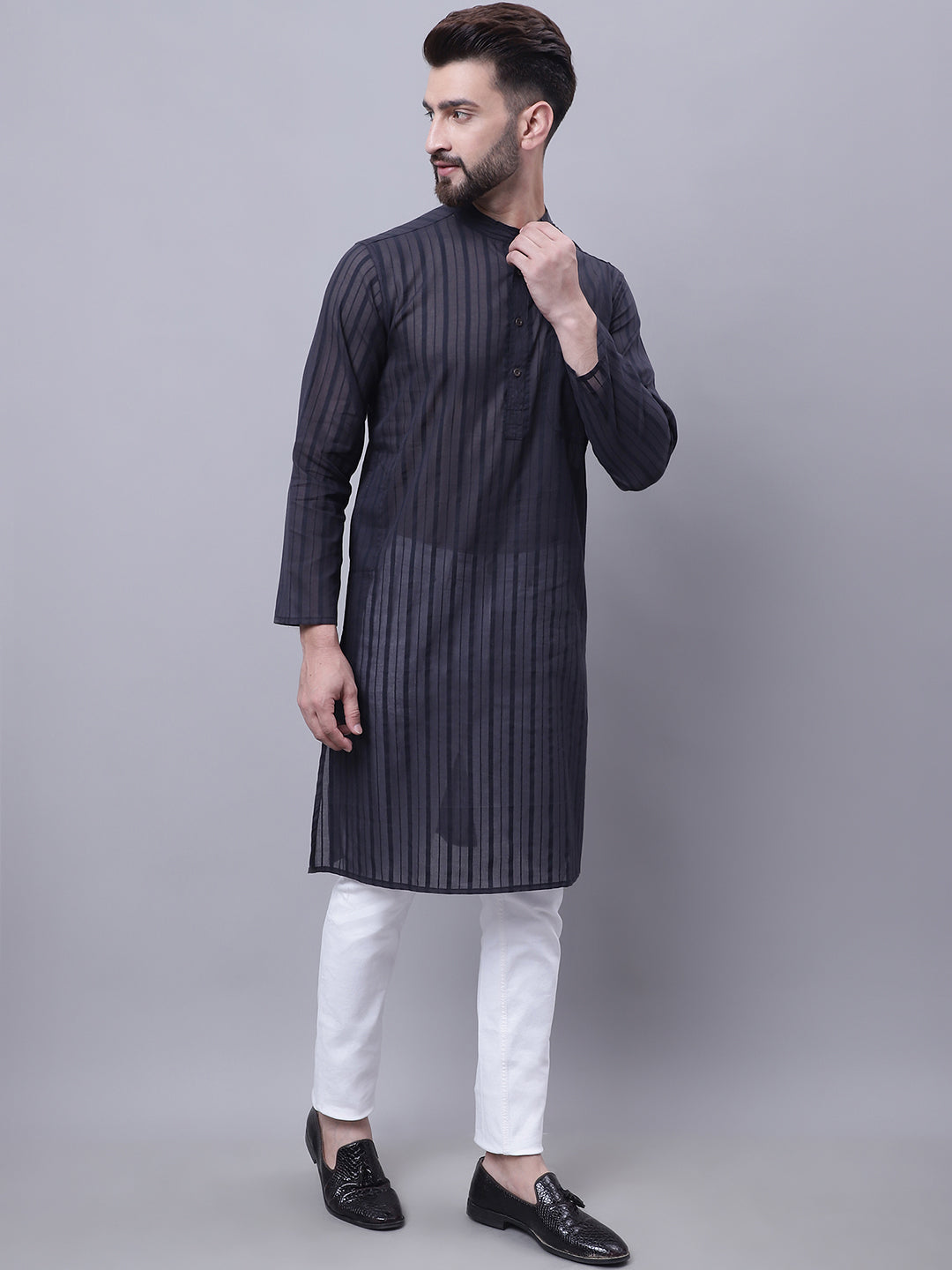 Even Apparels Black Pure Cotton Kurta With Band Collar 