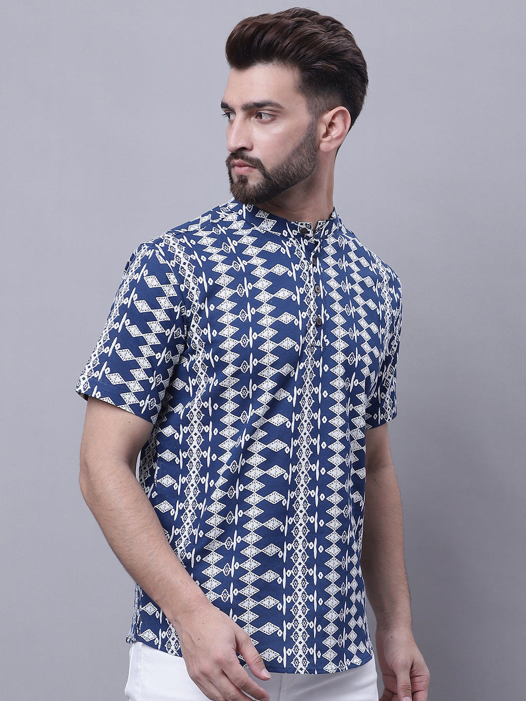 Even Apparels Blue Pure Cotton Short Kurta With Band Collar 