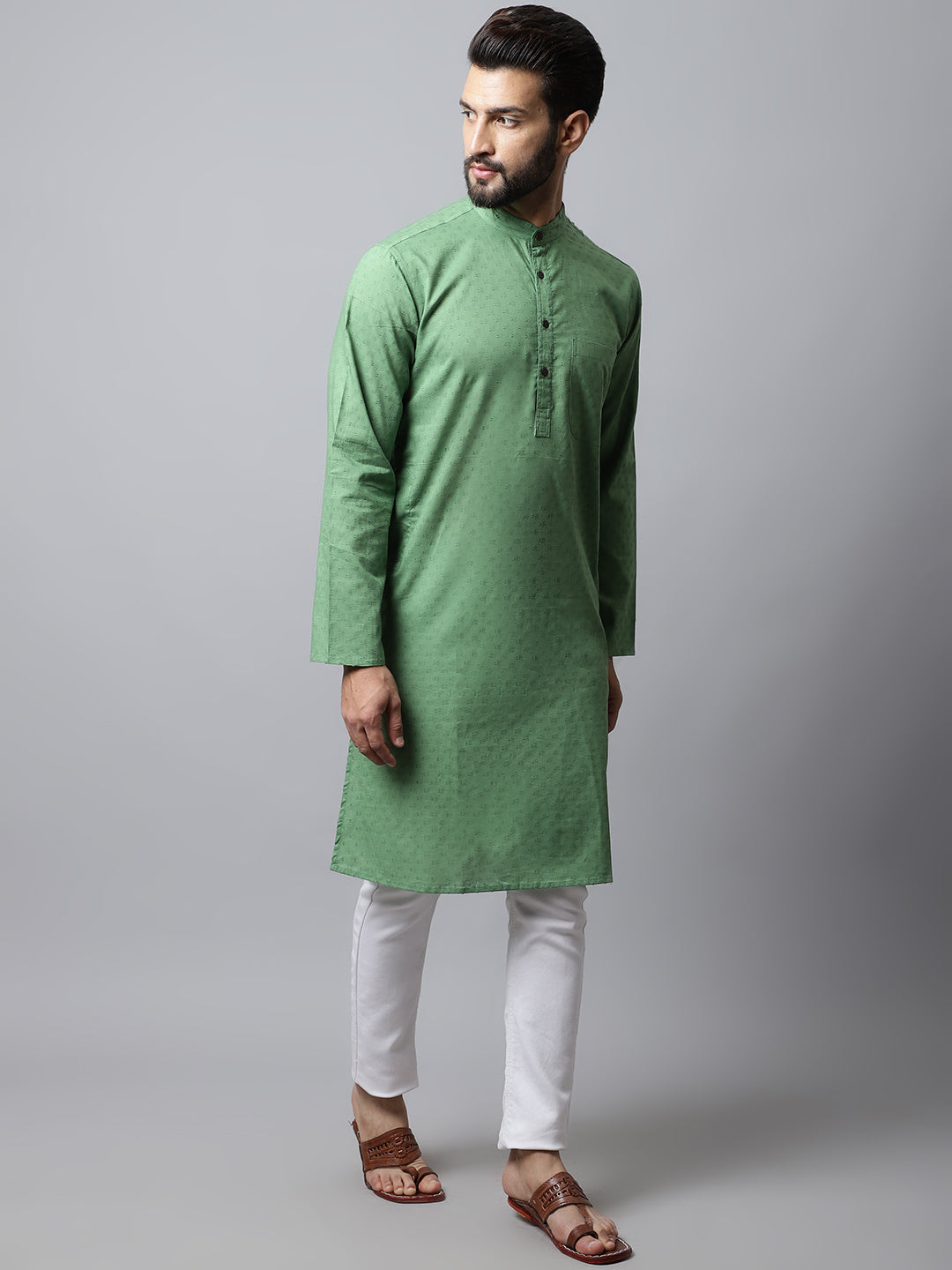 Even Apparels Green Solid Kurta With Band Collar 