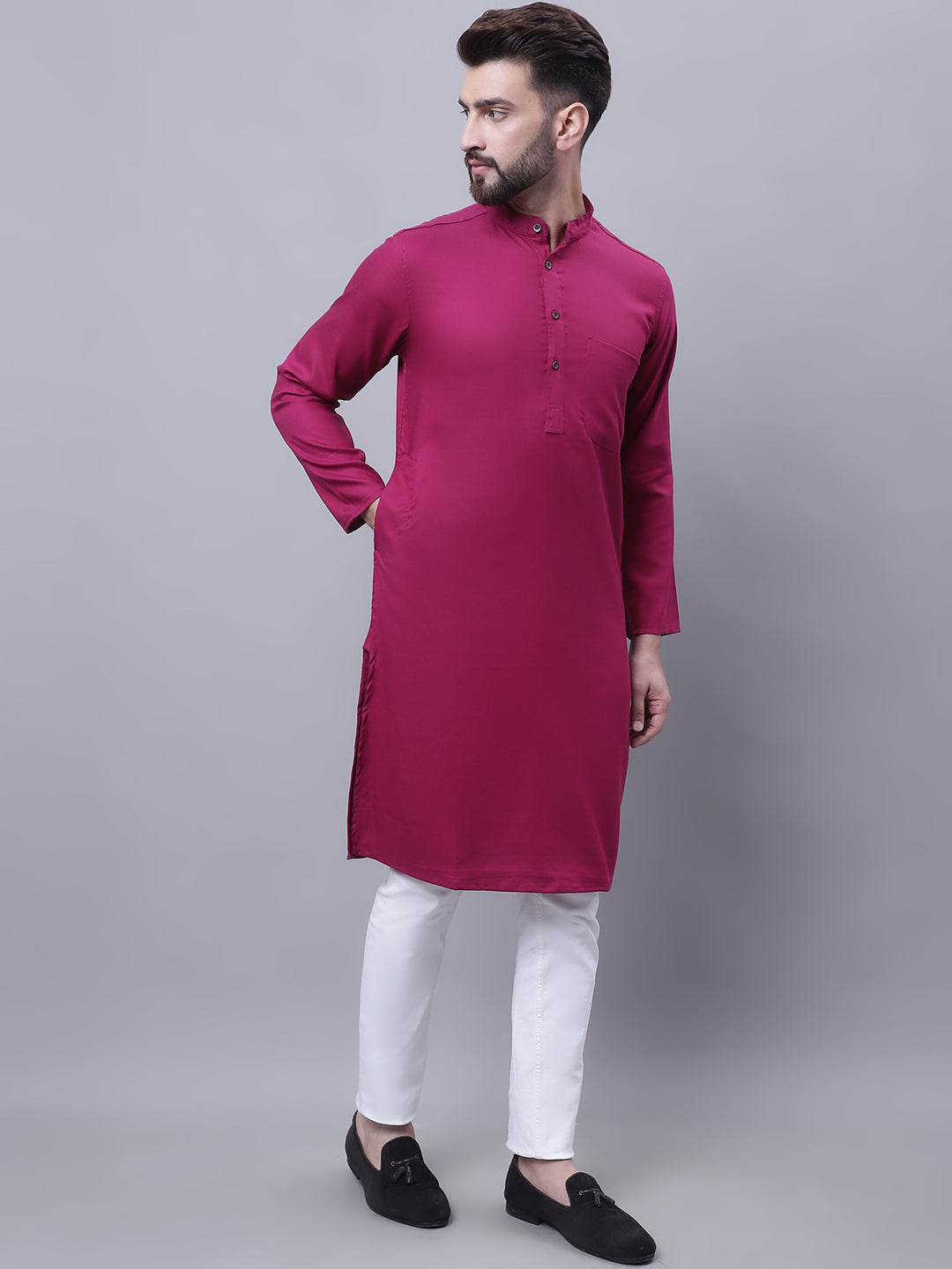 Even Apparels Wine Pure Cotton Kurta With Band Collar 