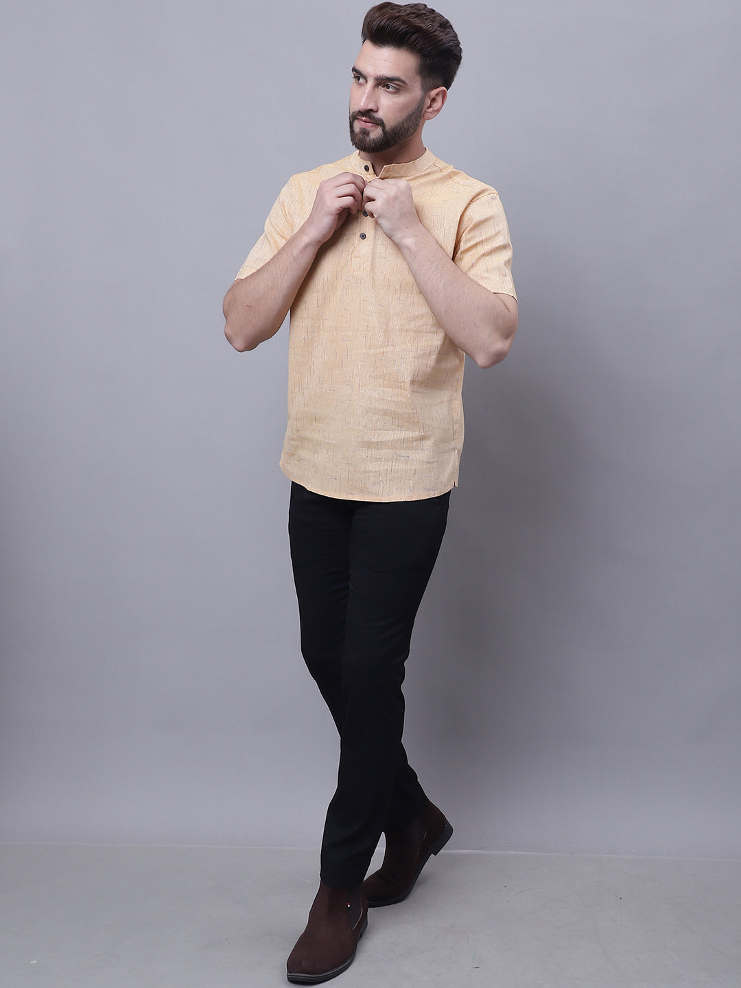 Even Apparels Beige Pure Cotton Short Kurta With Band Collar 