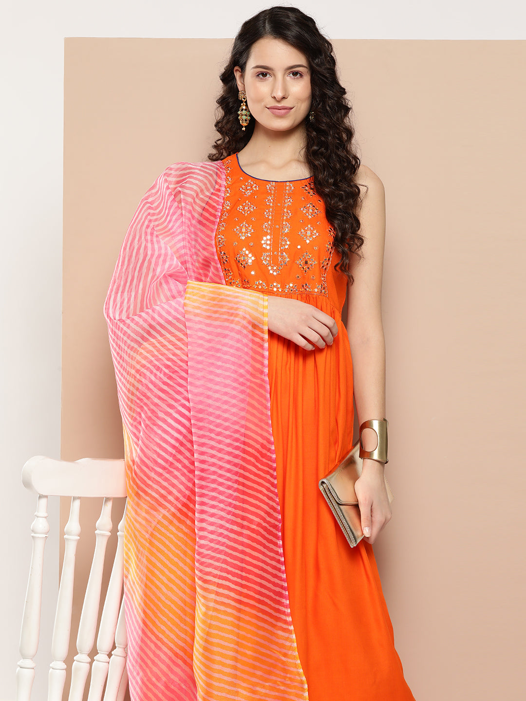 InWeave Women's Orange Mirror Work Aline Strappy Kurta Set W Pink Yellow Leh Dupatta 