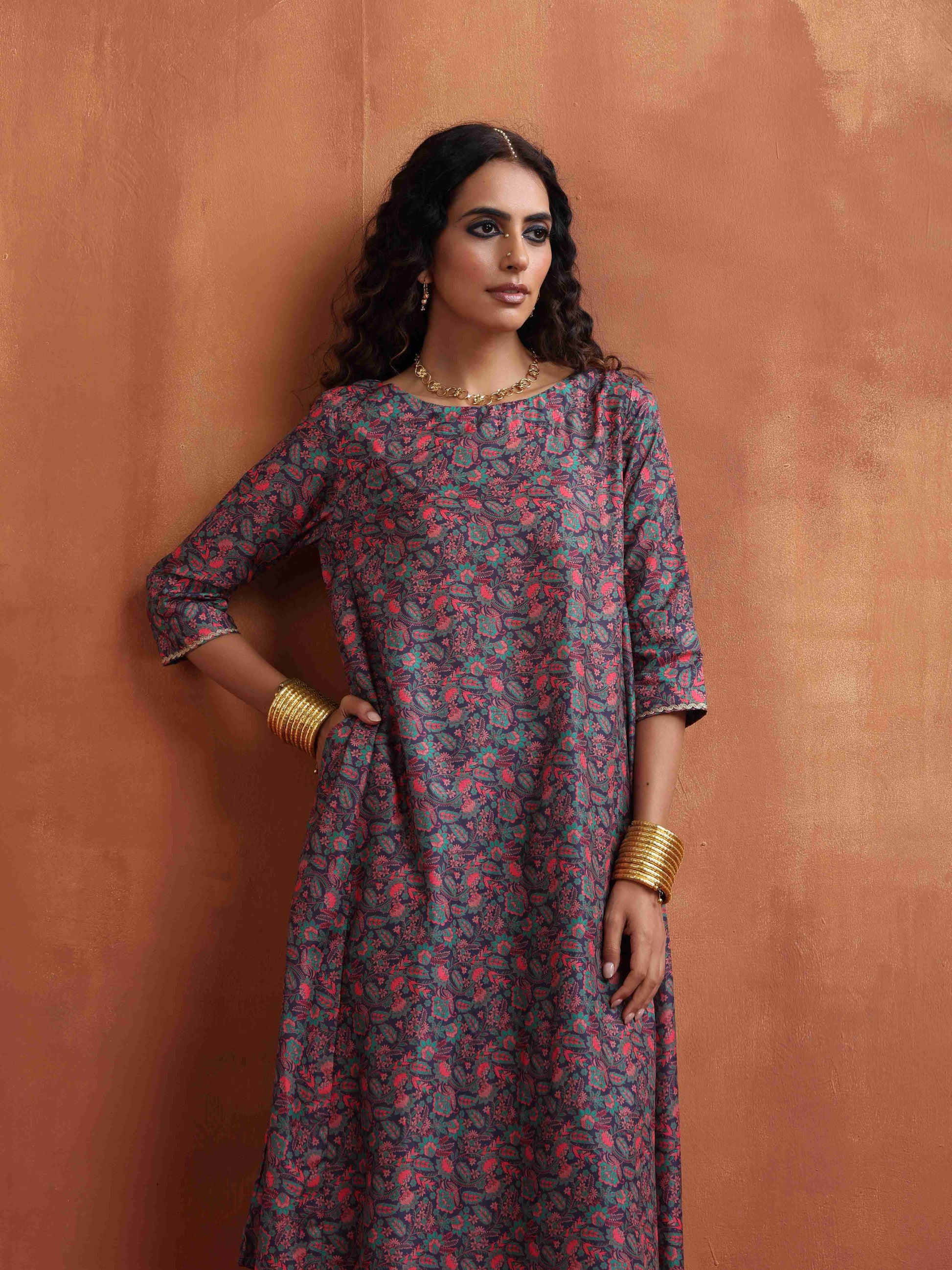 trueBrowns Purple Print A-line Kurta Set 