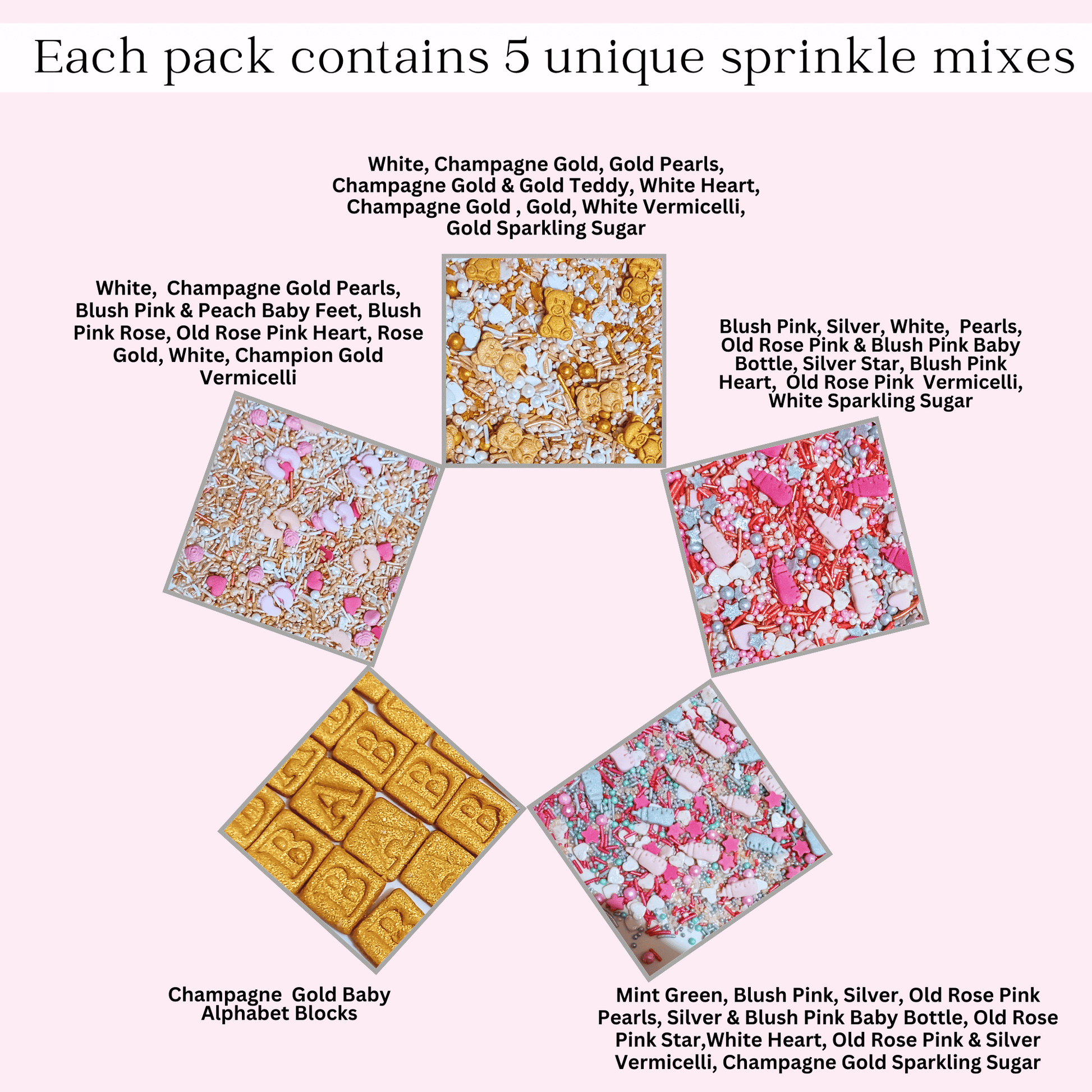 Confect Girls Baby Shower Sprinkles | Edible Sprinkles | Mix Silver, Gold & Blush pink Sprinkles