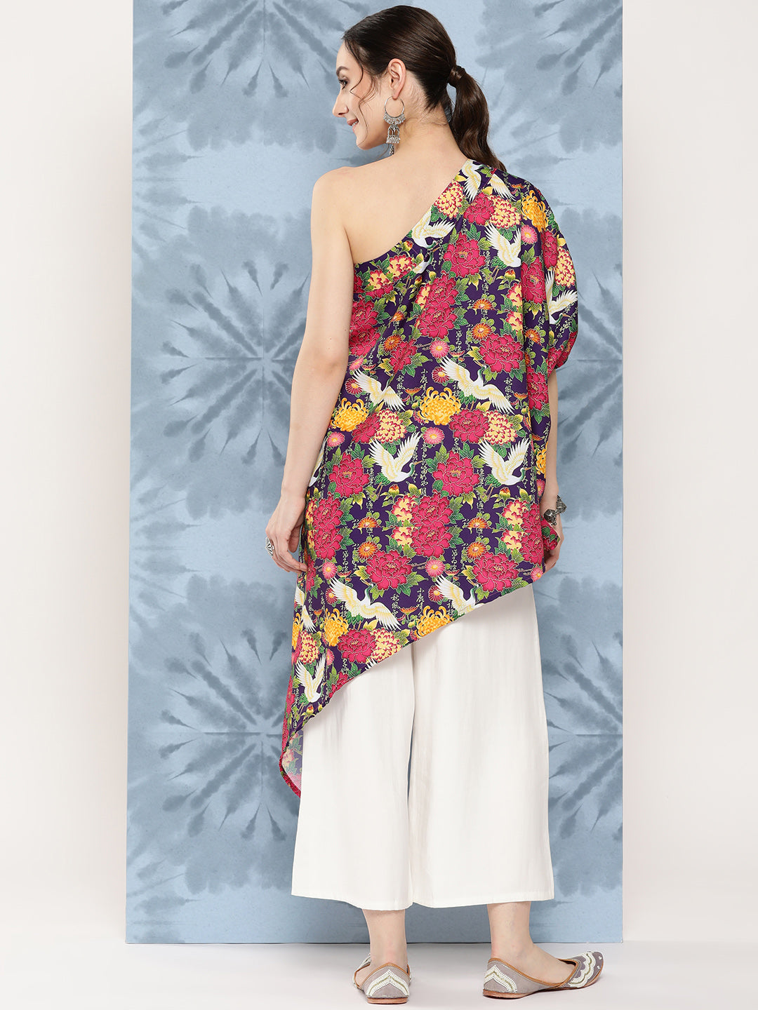InWeave Women's Navy Bird Japanese Art Oneshoulder Top 