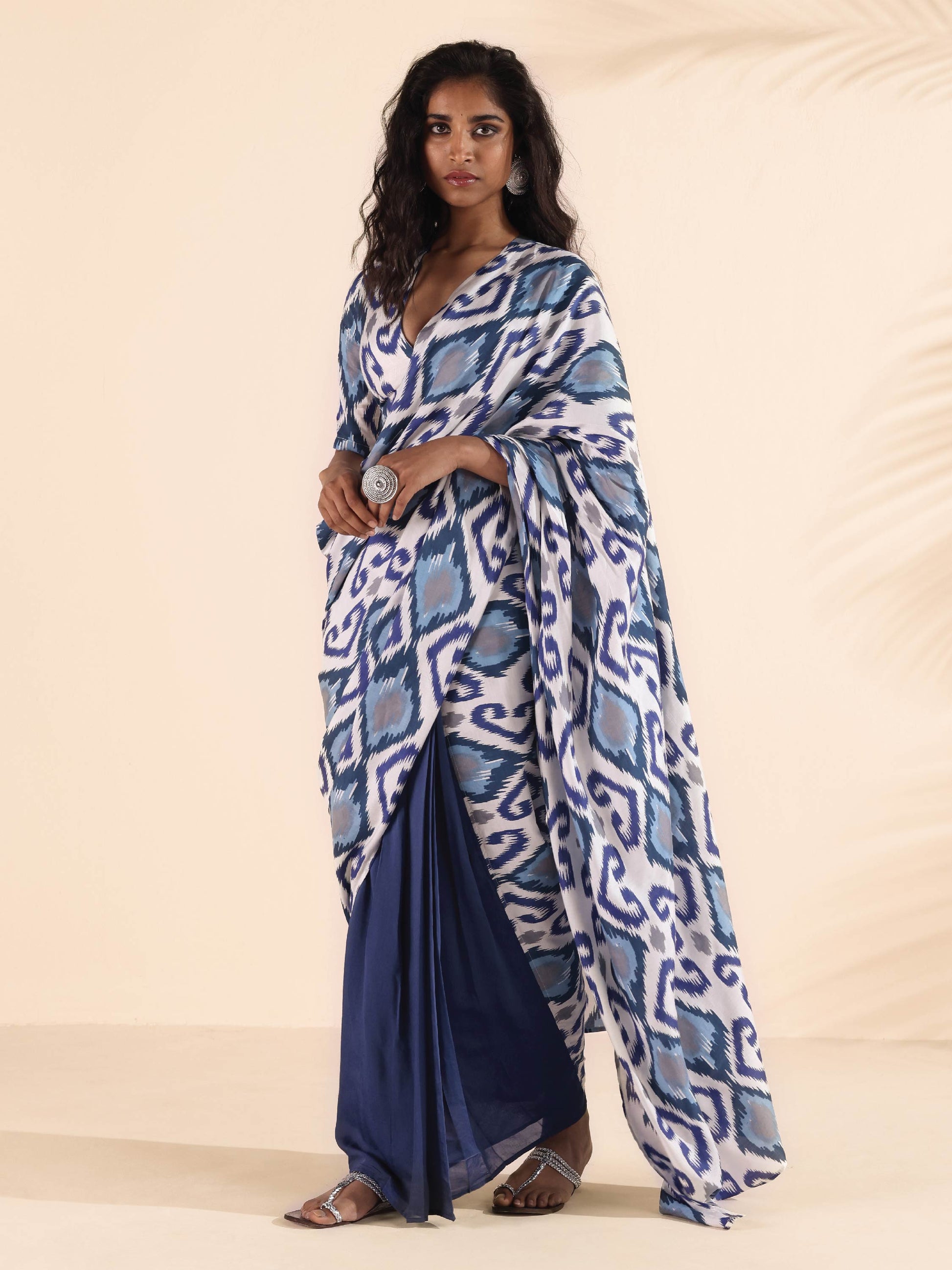 trueBrowns Blue Muslin Ikat Deep V-Neck Blouse | Swadesiicart