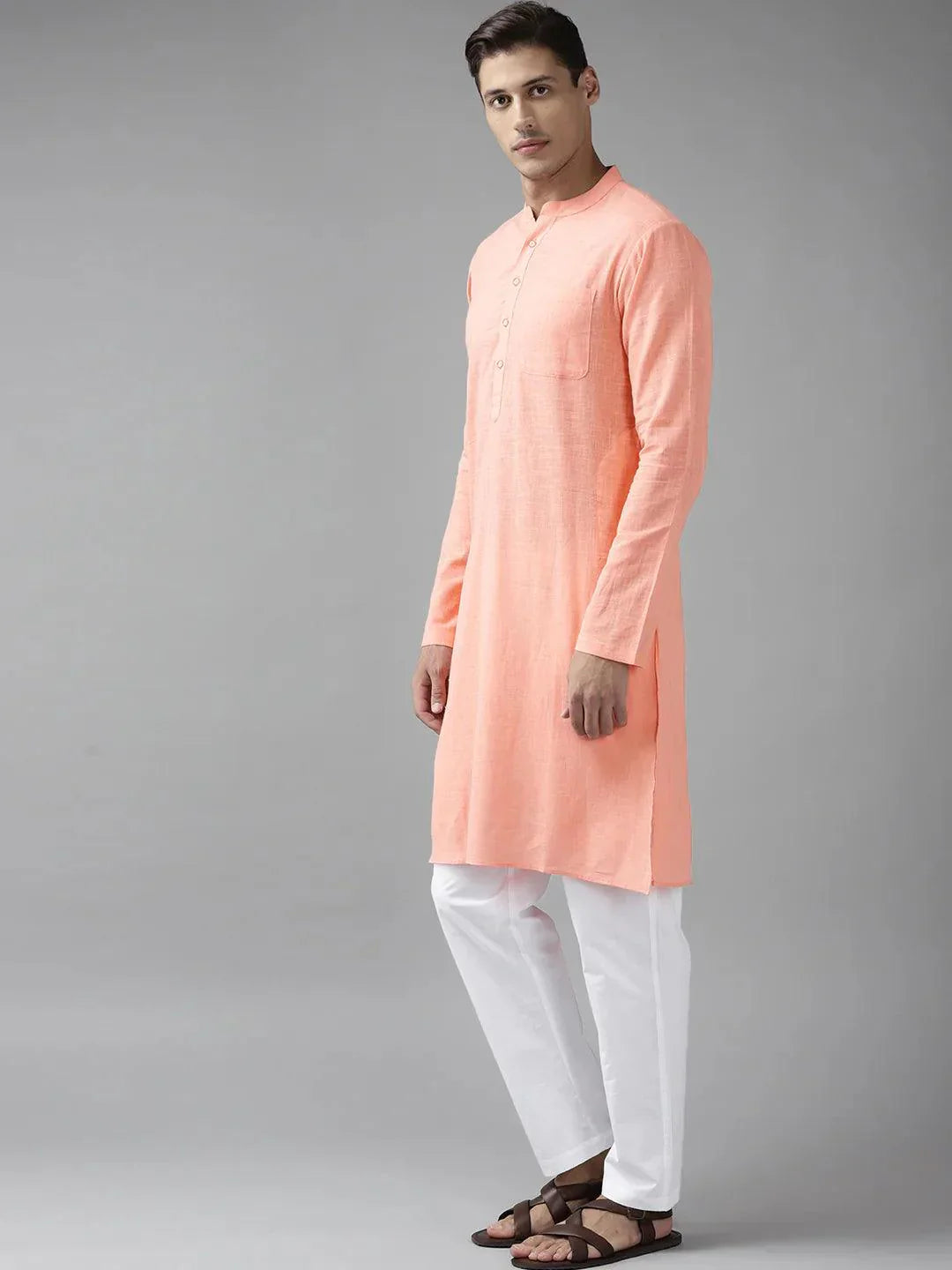 Fabmade Men Peach Cotton Linen Kurta Pyjama