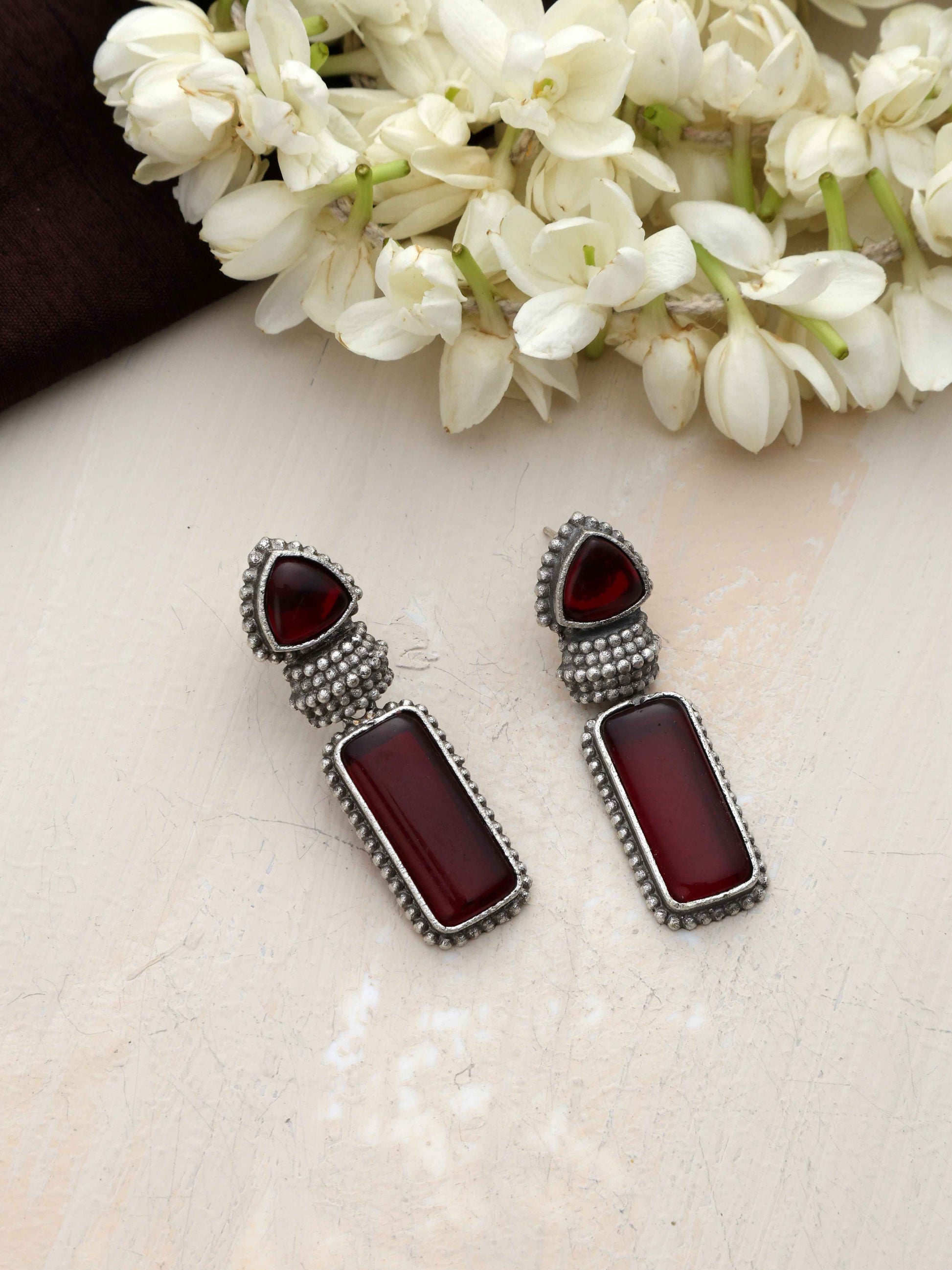 trueBrowns Silver tone Red Stone Drop Earrings Truebrowns Lifestyle