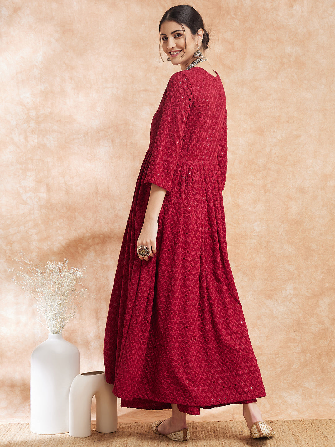 InWeave Women's Maroon Chikankari Long Anarkali Kurta Sharara Set 